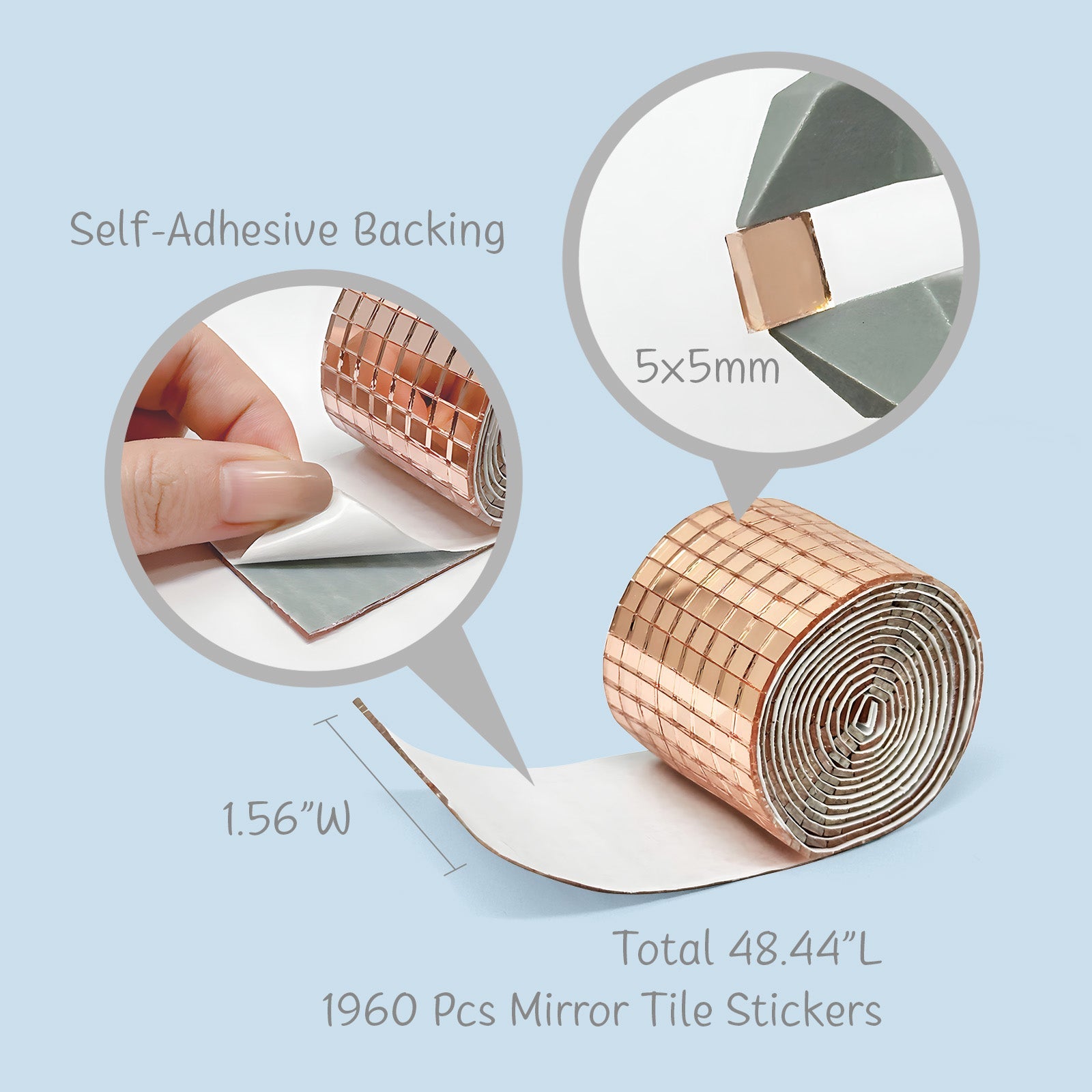 Wrapables 5mm x 5mm Self Adhesive Mosaic Glass Mirror Tile Stickers, 1960pcs for Arts and Crafts, Home Decoration, Rose Gold