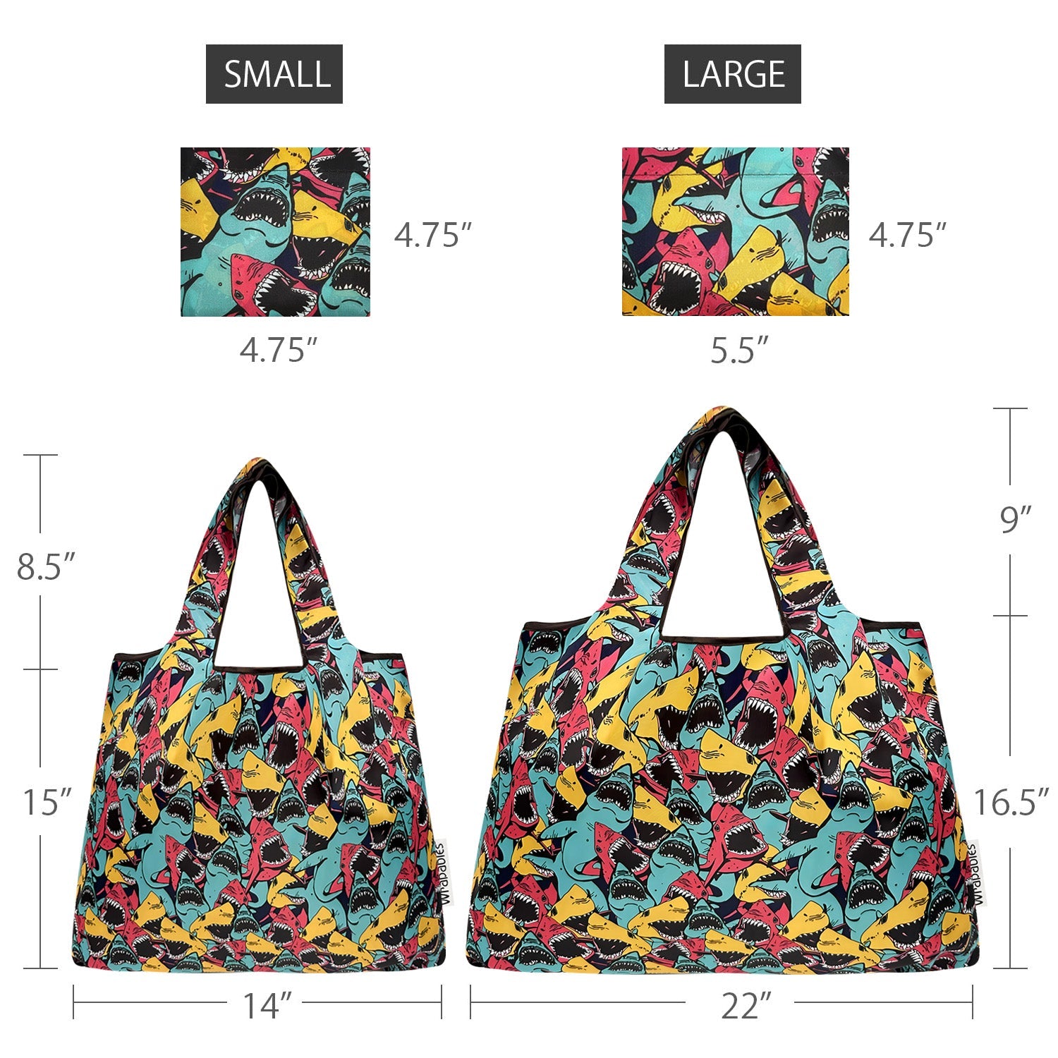 Wrapables Large & Small Foldable Nylon Reusable Shopping Grocery Bags (Set of 2), Happy Sharks