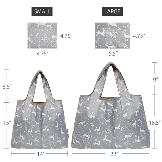 Wrapables Large & Small Foldable Nylon Reusable Shopping Grocery Bags (Set of 2), Deer and Snowflakes