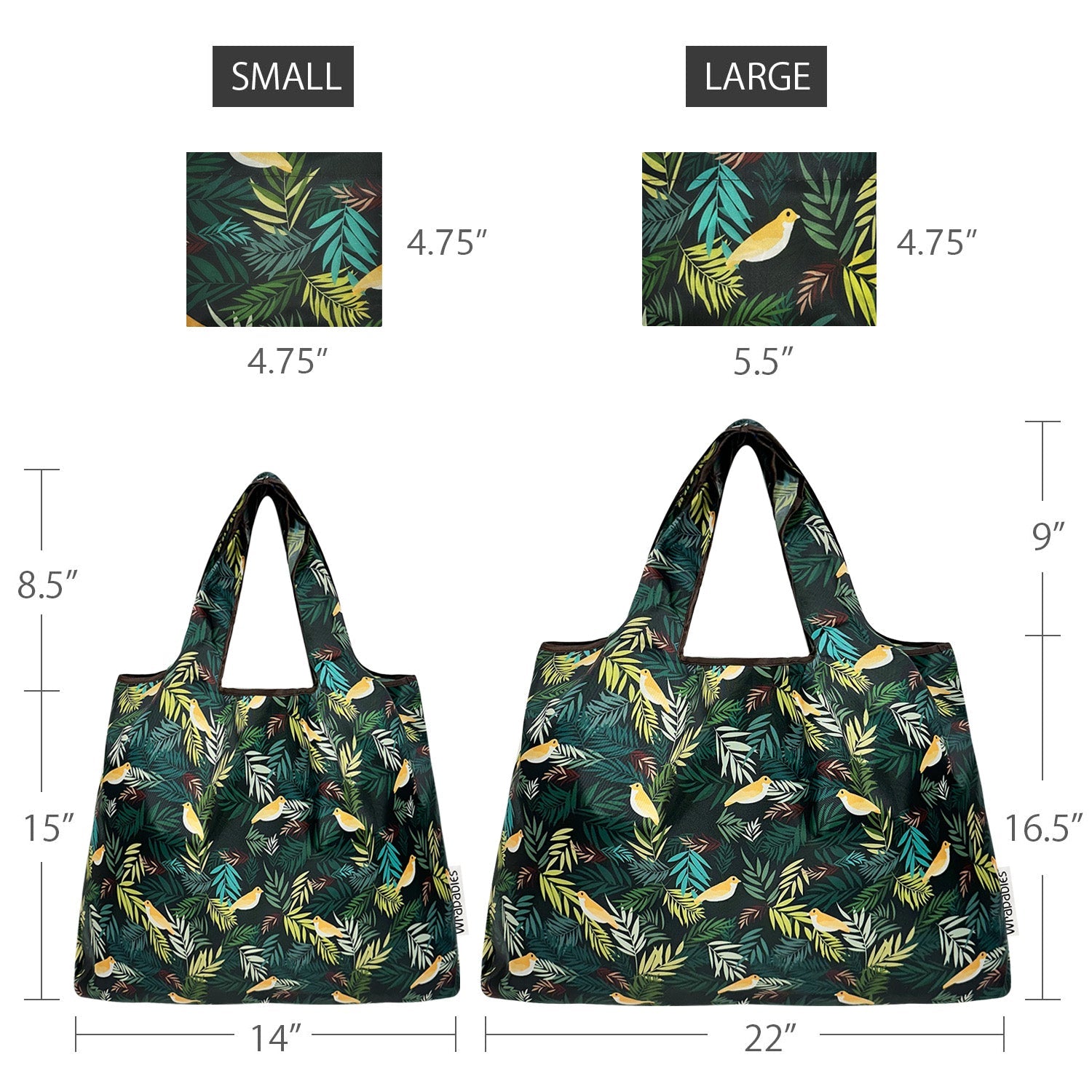 Wrapables Large & Small Foldable Nylon Reusable Shopping Grocery Bags (Set of 2), Golden Birds