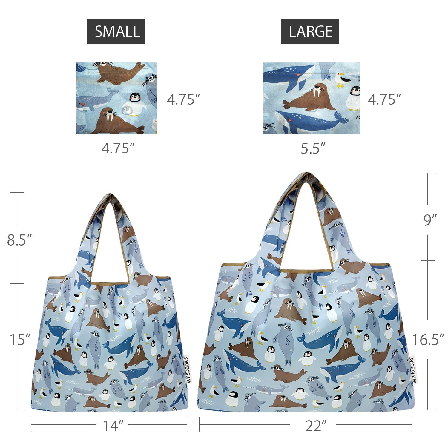 Wrapables Large & Small Foldable Nylon Reusable Shopping Grocery Bags (Set of 2), Marine Animals