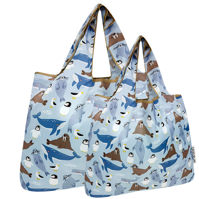 Wrapables Large & Small Foldable Nylon Reusable Shopping Grocery Bags (Set of 2), Marine Animals