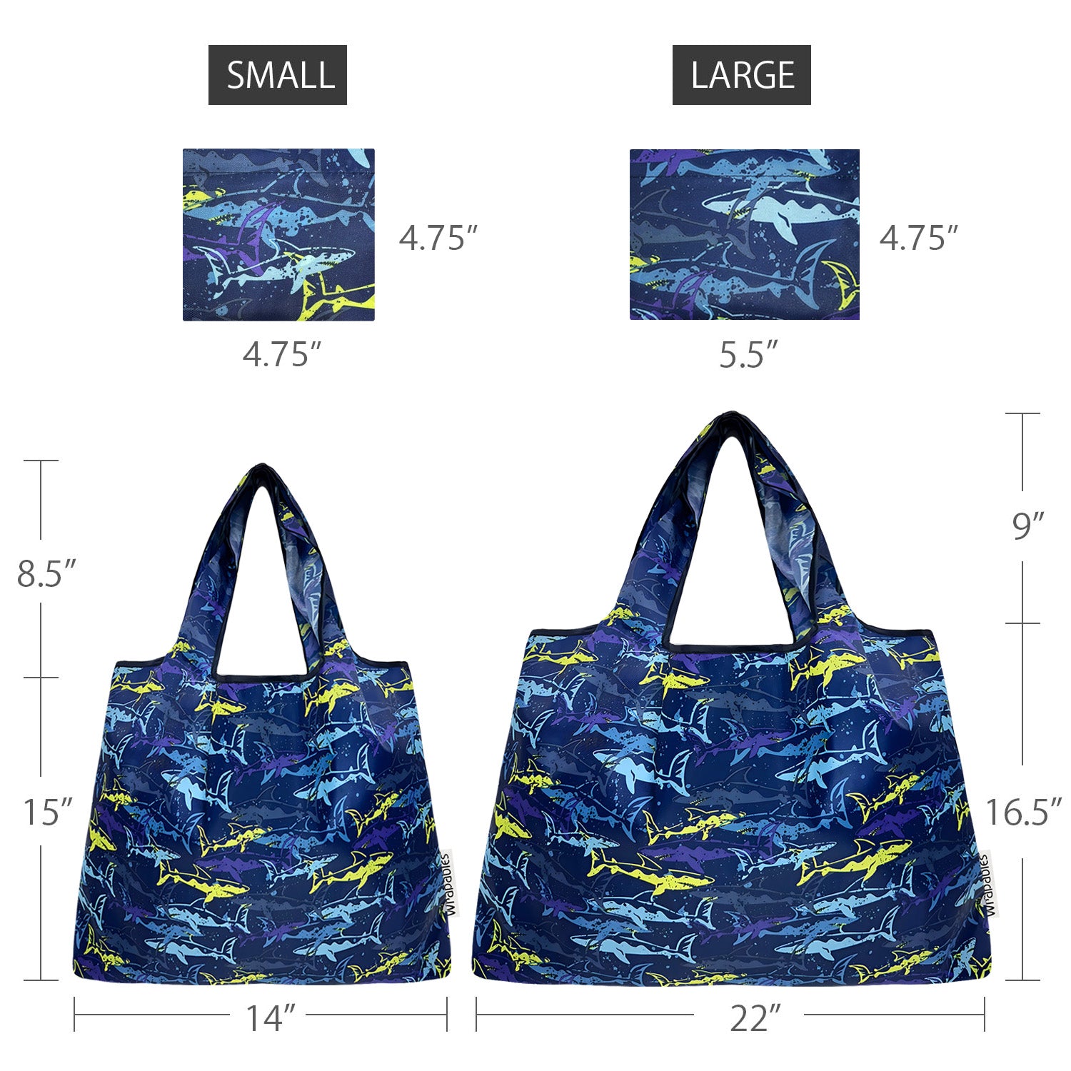 Wrapables Large & Small Foldable Nylon Reusable Shopping Bags (Set of 2), Neon Sharks