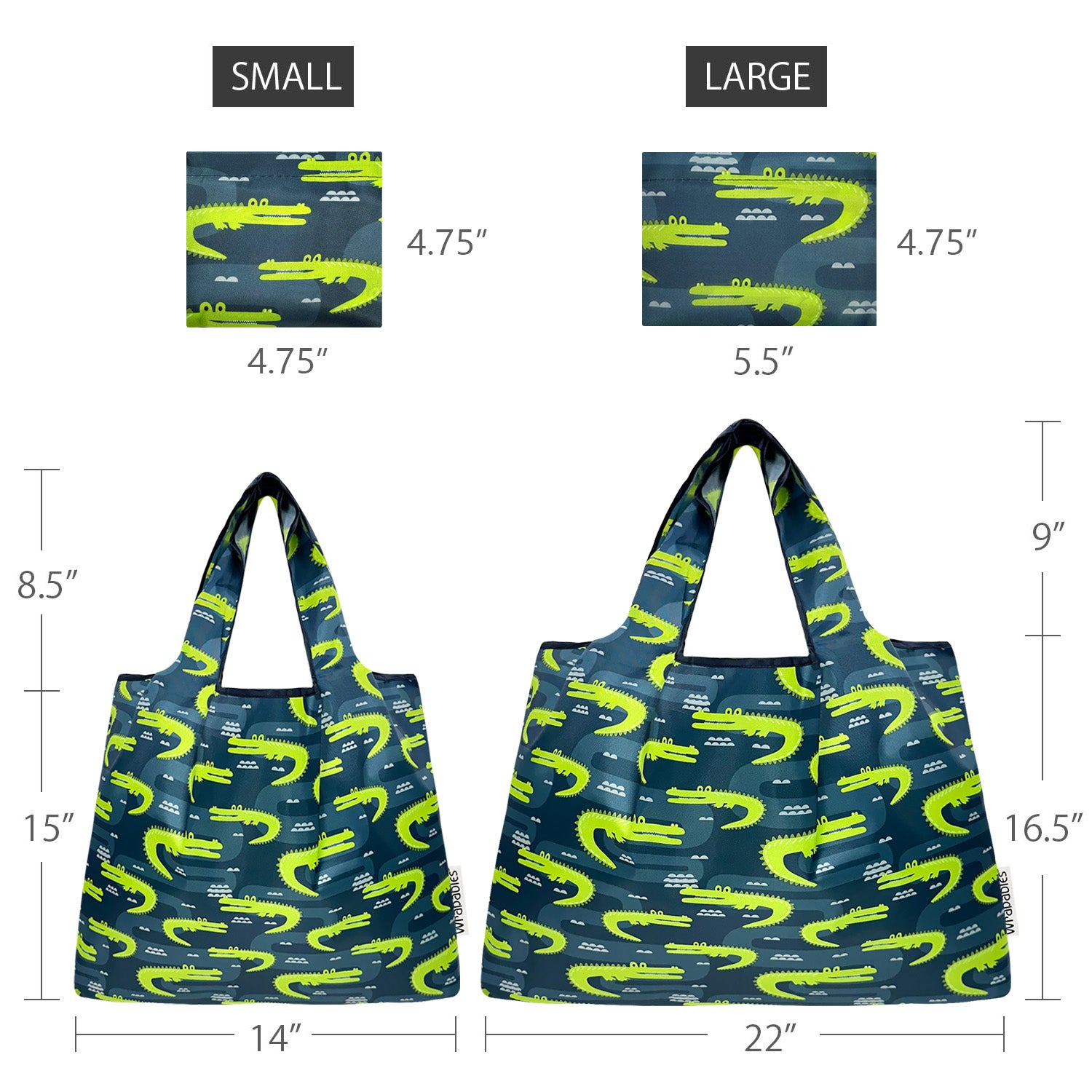 Wrapables Large & Small Foldable Nylon Reusable Shopping Bags (Set of 2), Alligators