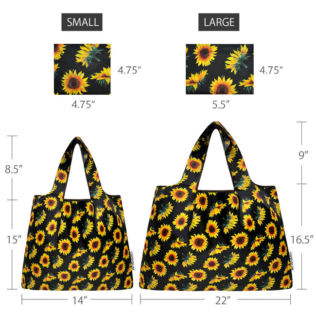 Wrapables Large & Small Foldable Nylon Reusable Shopping Bags (Set of 2), Sunflowers