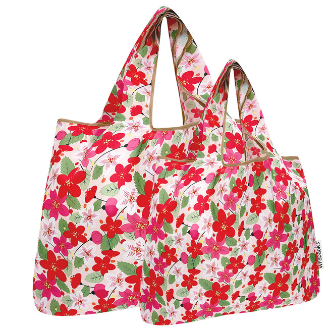 Wrapables Large & Small Foldable Nylon Reusable Shopping Bags (Set of 2), Sweet Blossoms