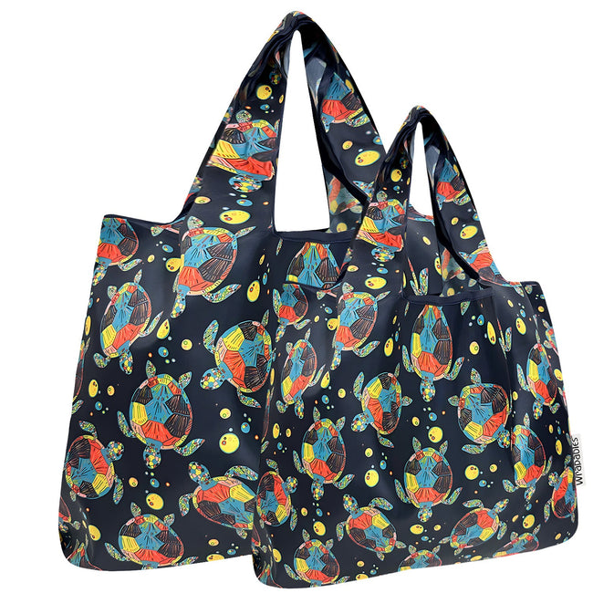 Wrapables Large & Small Foldable Nylon Reusable Shopping Bags (Set of 2), Vibrant Turtles