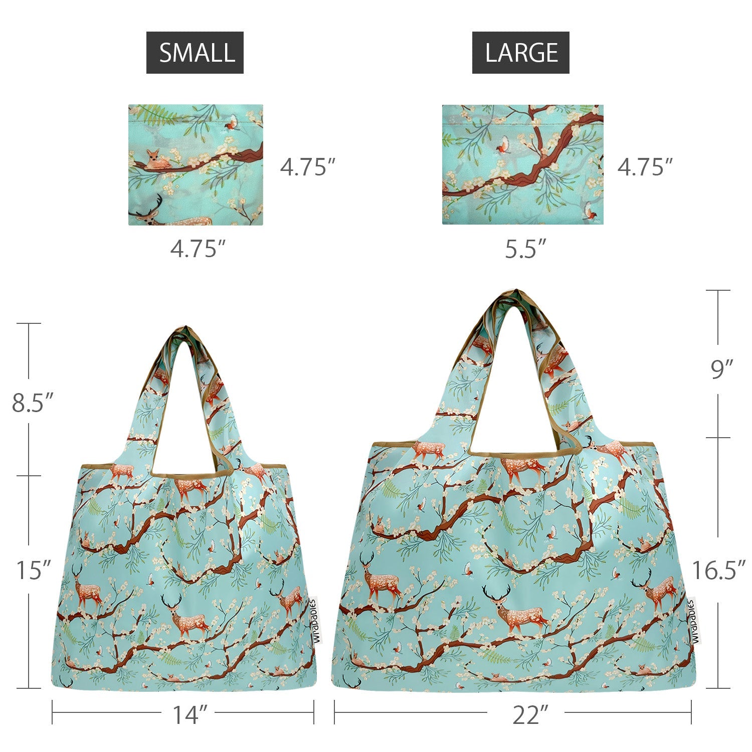 Wrapables Large & Small Foldable Nylon Reusable Shopping Bags (Set of 2), Deer and Blossoms