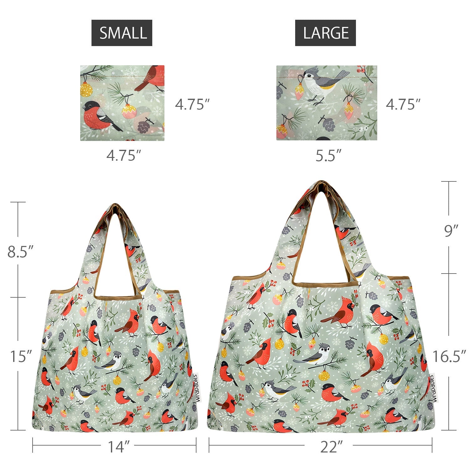 Wrapables Large & Small Foldable Nylon Reusable Shopping Bags (Set of 2), Cardinal Birds