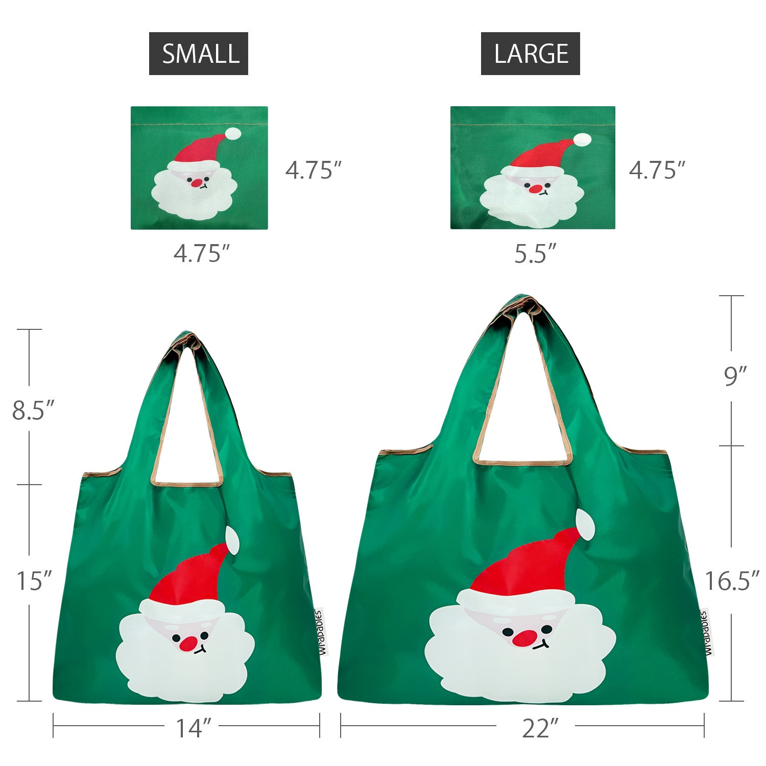 Wrapables Large & Small Foldable Nylon Reusable Shopping Bags (Set of 2), Santa Claus