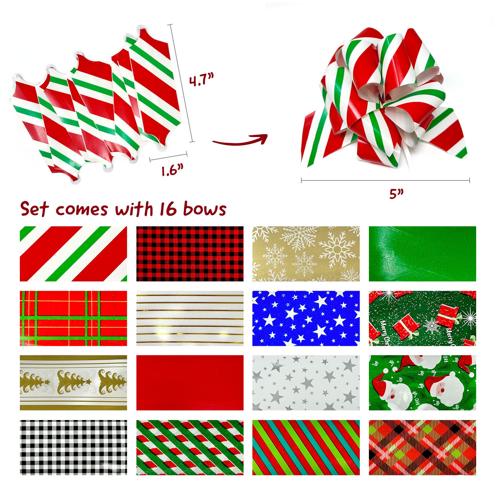 Wrapables Large 5 inch Christmas Pull Bows, Ribbon Bows for Gift Wrapping, Xmas Decorations (16pcs)