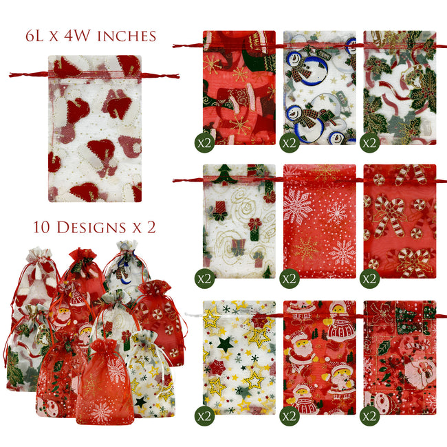 Wrapables 4 x 6 Holiday Organza Drawstring Gift Bags, Set of 20