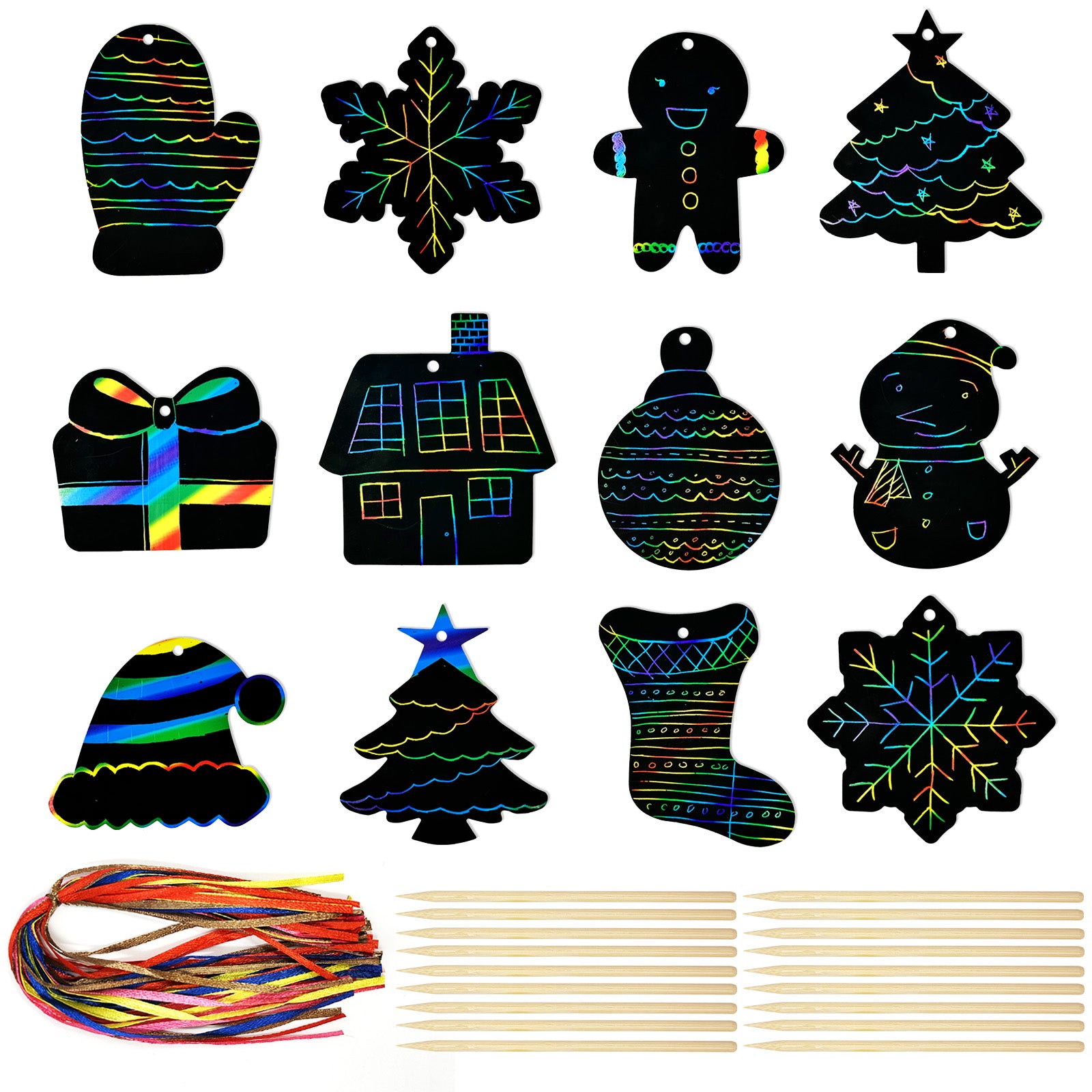 Wrapables 36pc DIY Rainbow Color Scratch Arts Ornaments