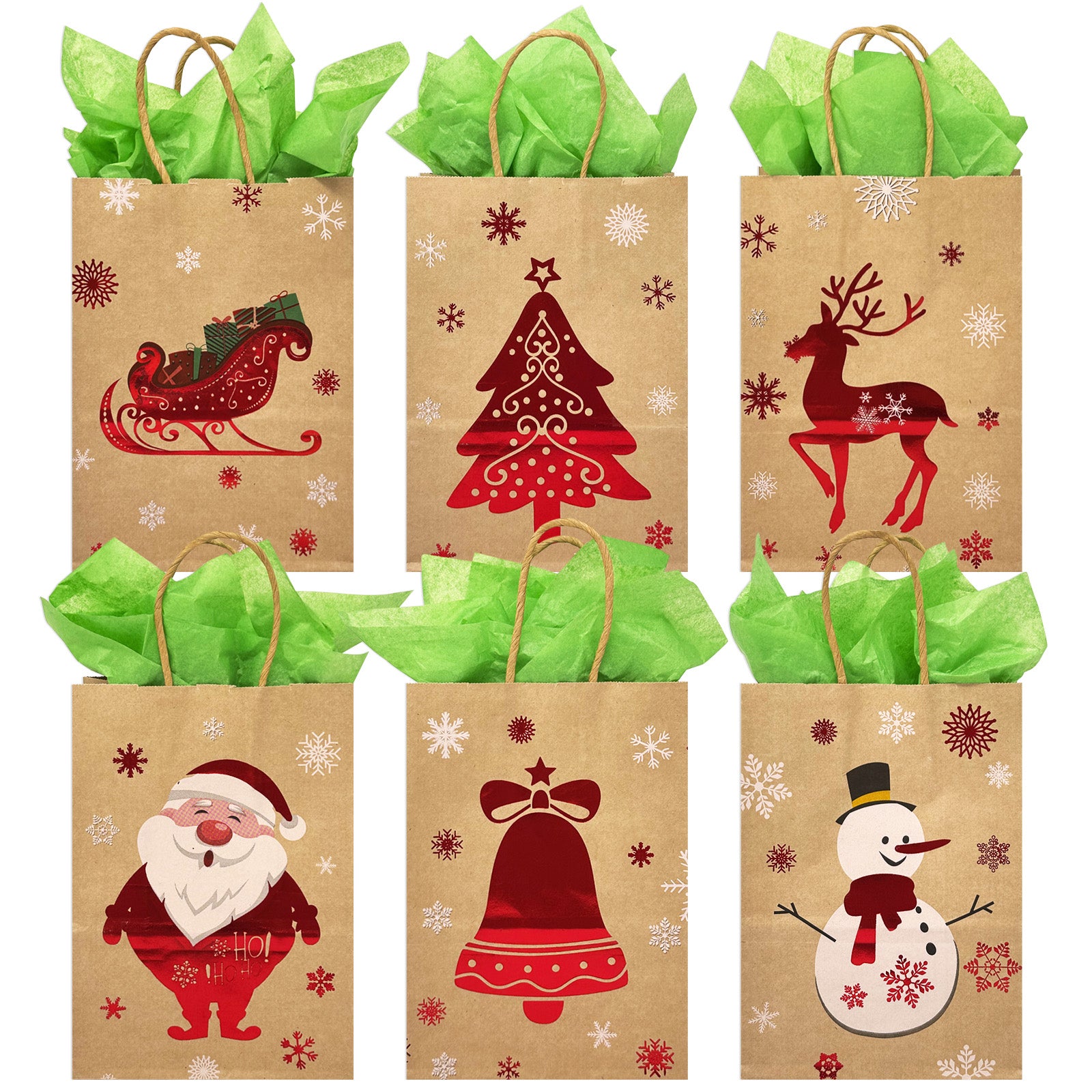 Wrapables 12pc Christmas Kraft Gift Bags with Tissue Paper