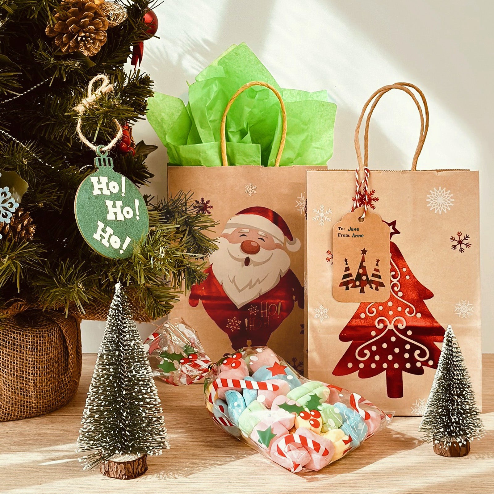 Wrapables 12pc Christmas Kraft Gift Bags with Tissue Paper