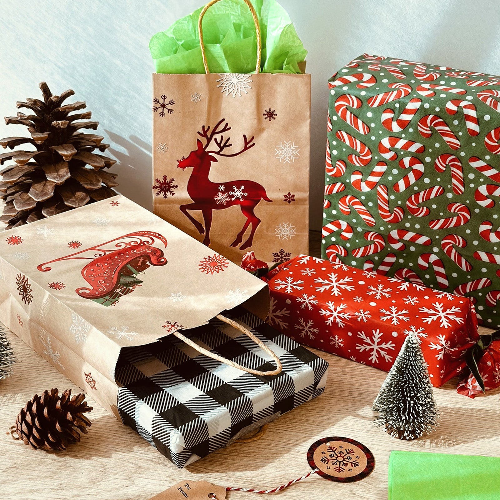 Wrapables 12pc Christmas Kraft Gift Bags with Tissue Paper