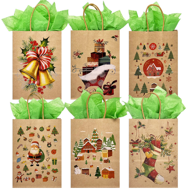 Wrapables 12pc Christmas Kraft Gift Bags with Tissue Paper