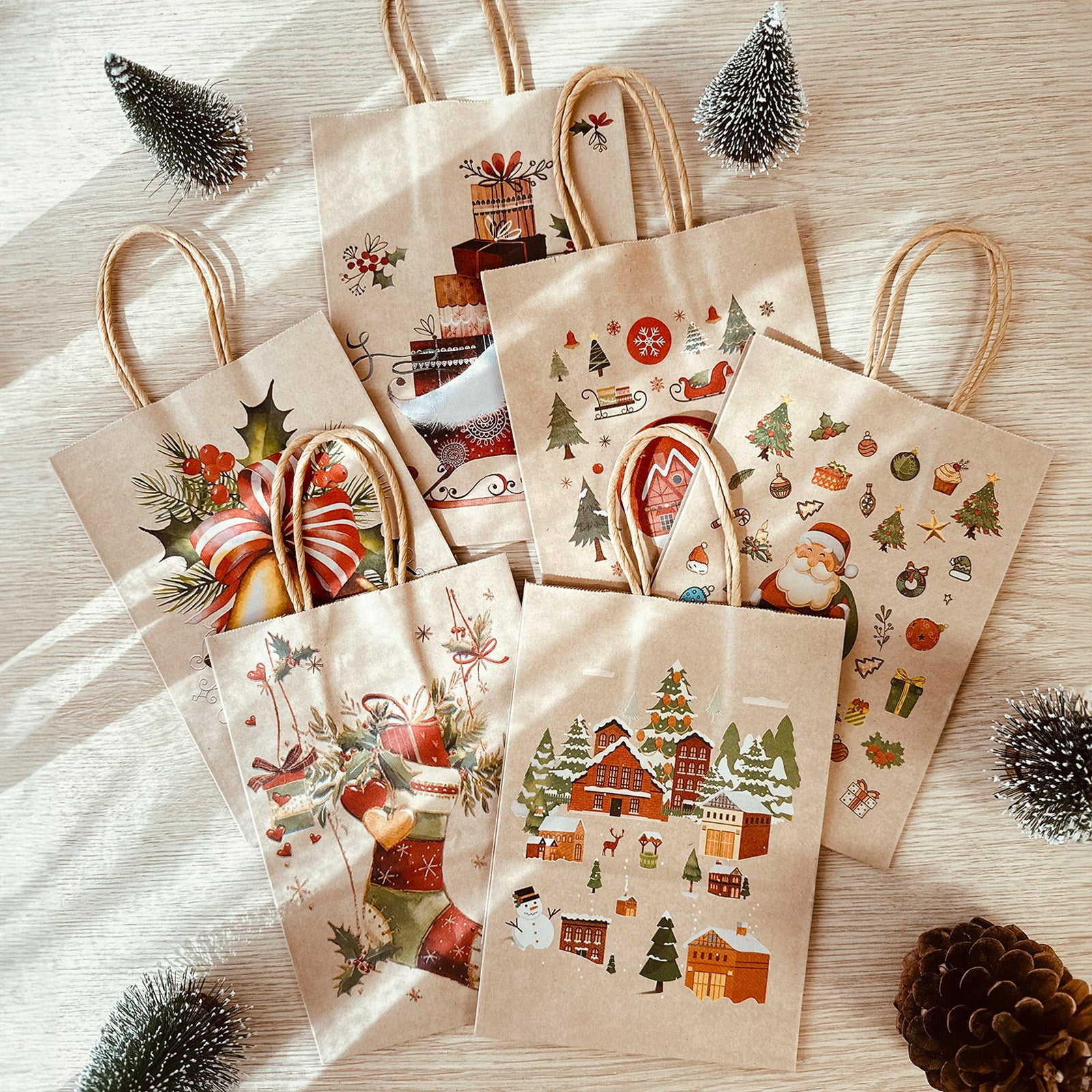 Wrapables 12pc Christmas Kraft Gift Bags with Tissue Paper