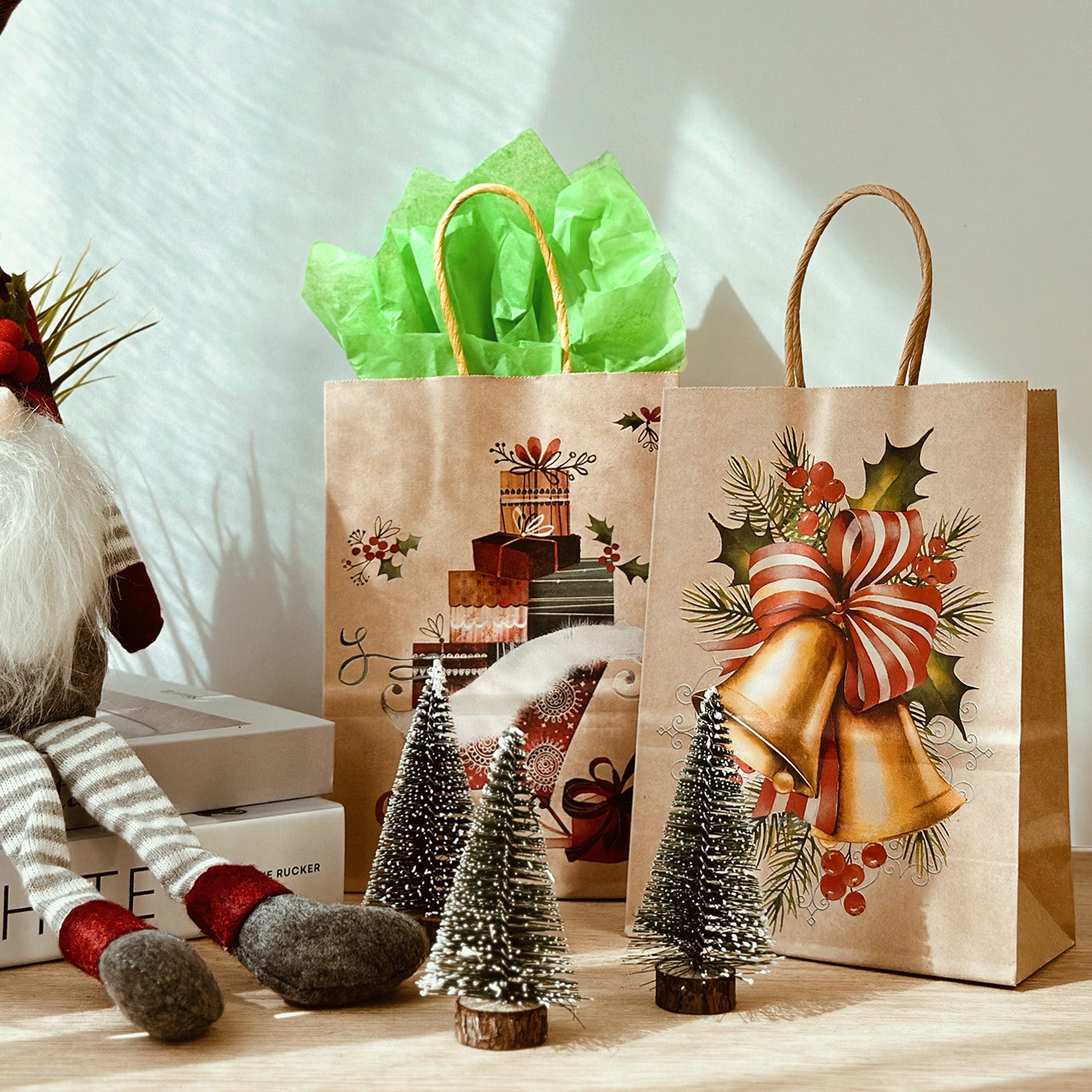 Wrapables 12pc Christmas Kraft Gift Bags with Tissue Paper