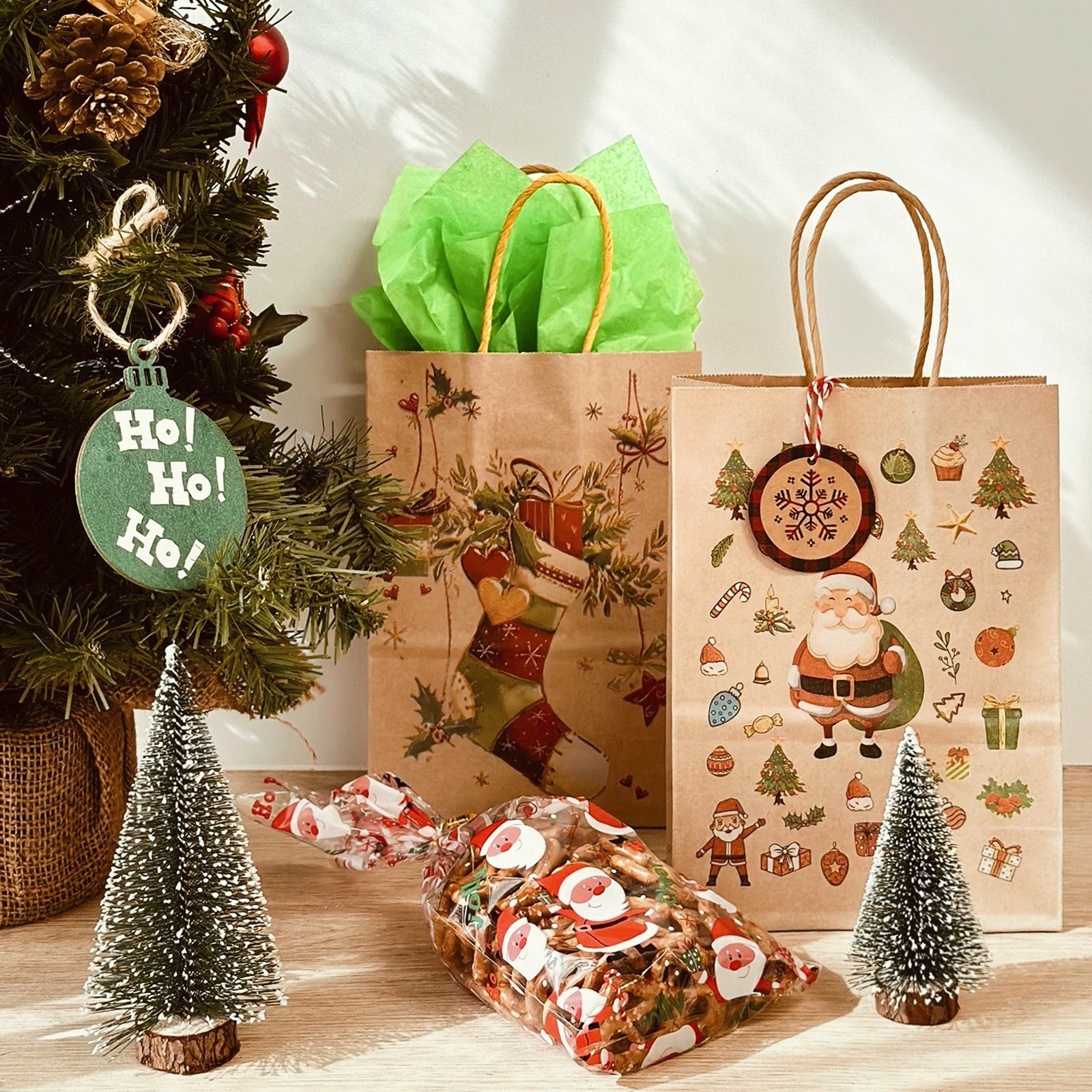 Wrapables 12pc Christmas Kraft Gift Bags with Tissue Paper