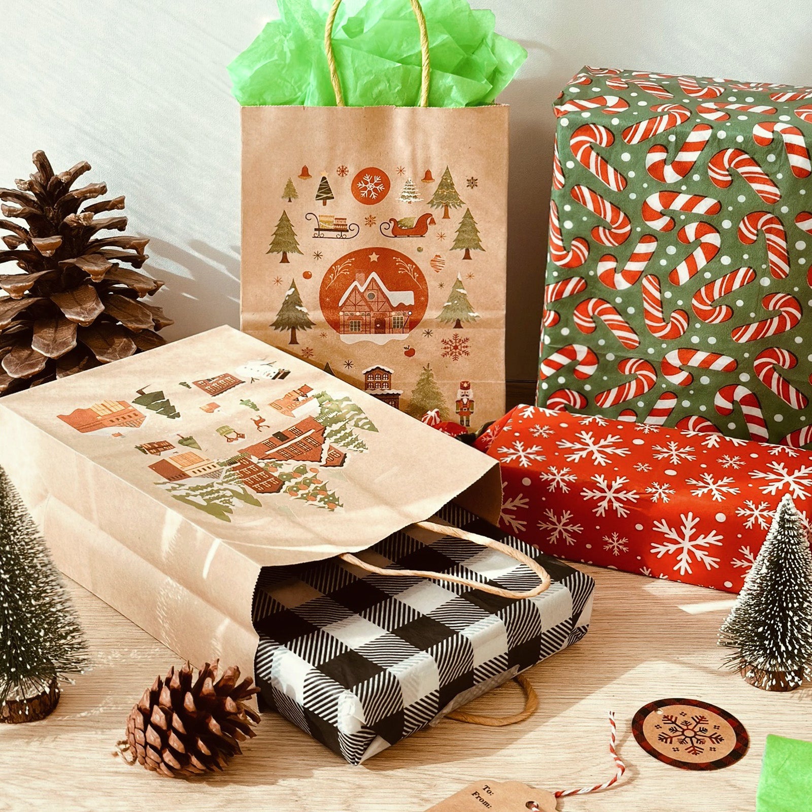 Wrapables 12pc Christmas Kraft Gift Bags with Tissue Paper