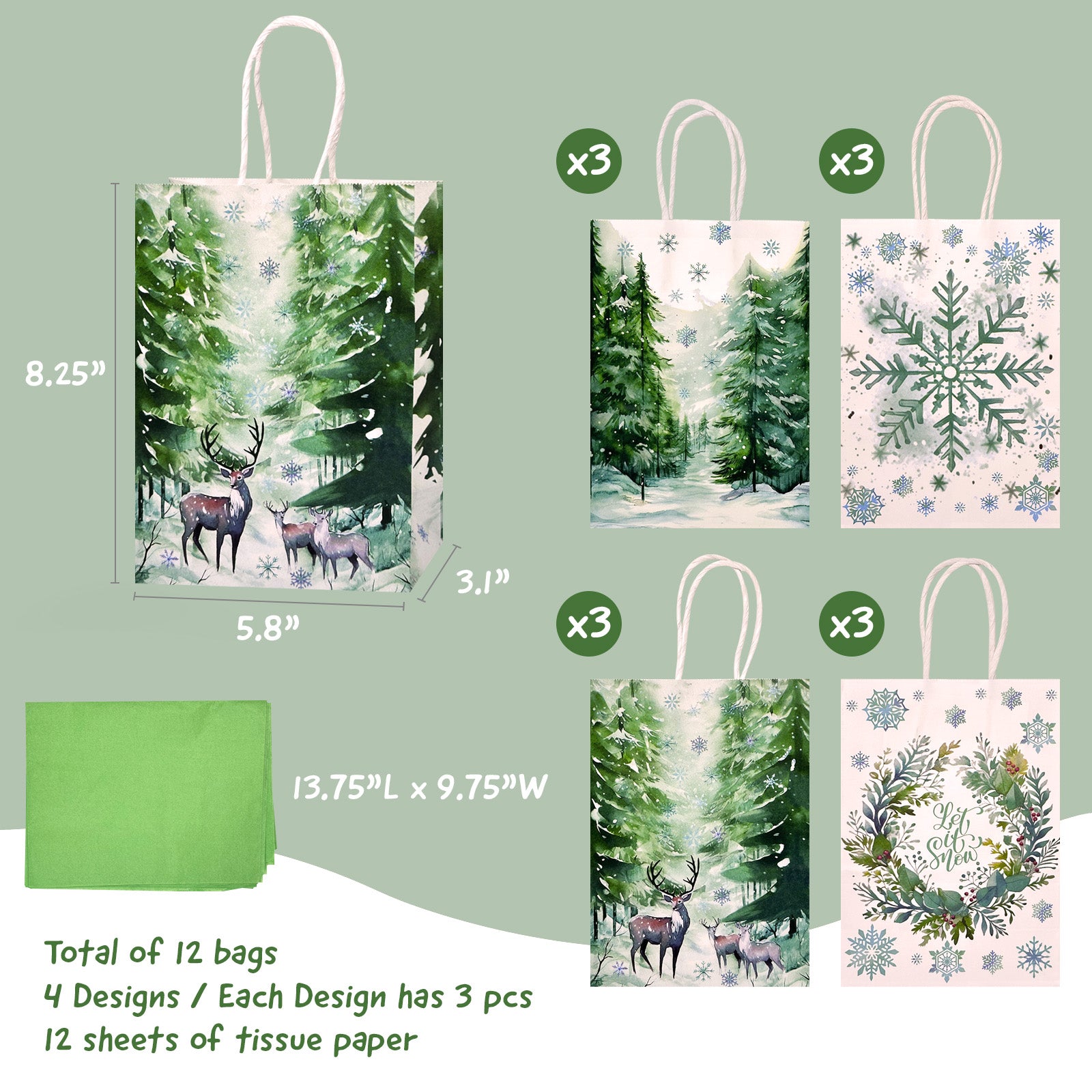 Wrapables 12pc Christmas Kraft Gift Bags with Tissue Paper