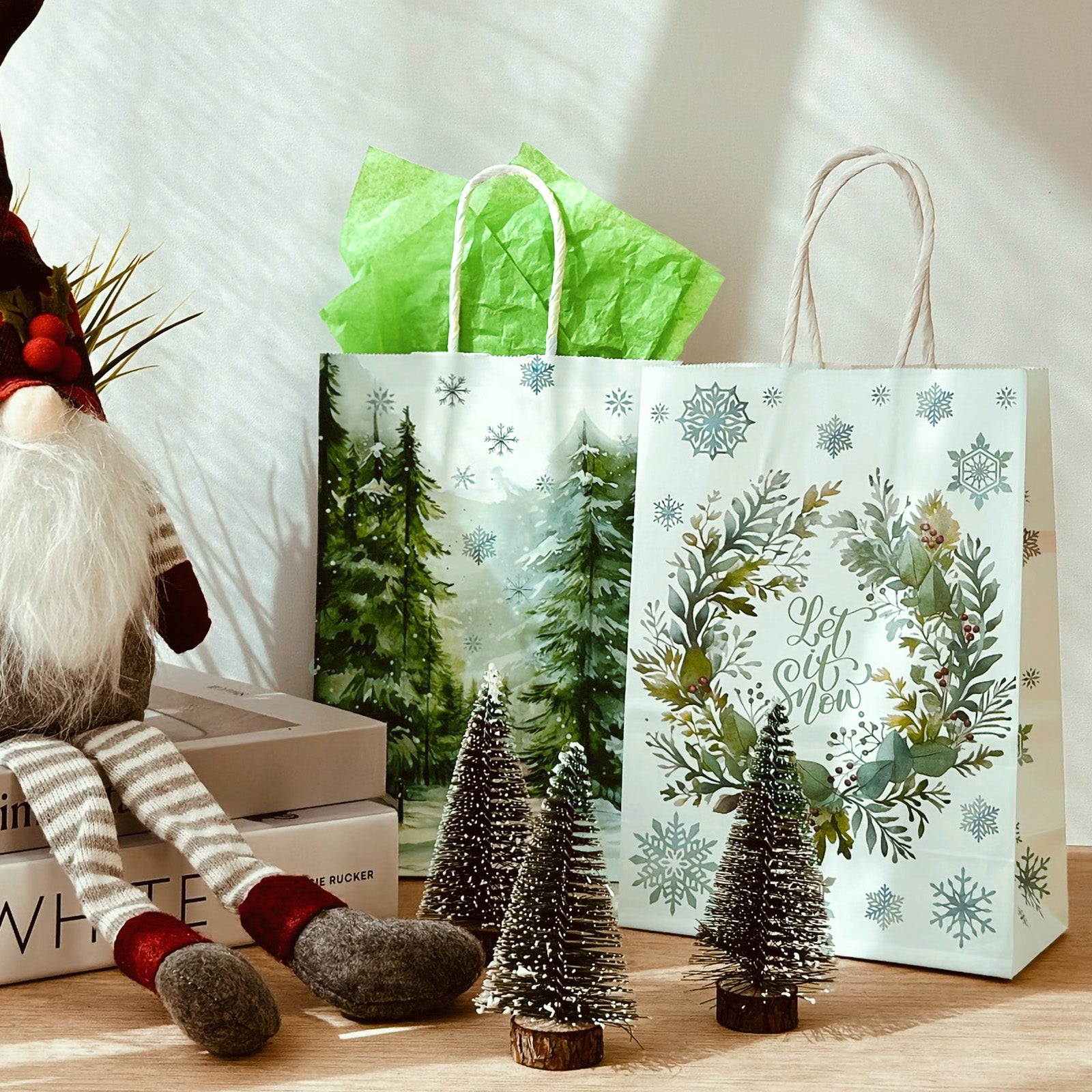 Wrapables 12pc Christmas Kraft Gift Bags with Tissue Paper