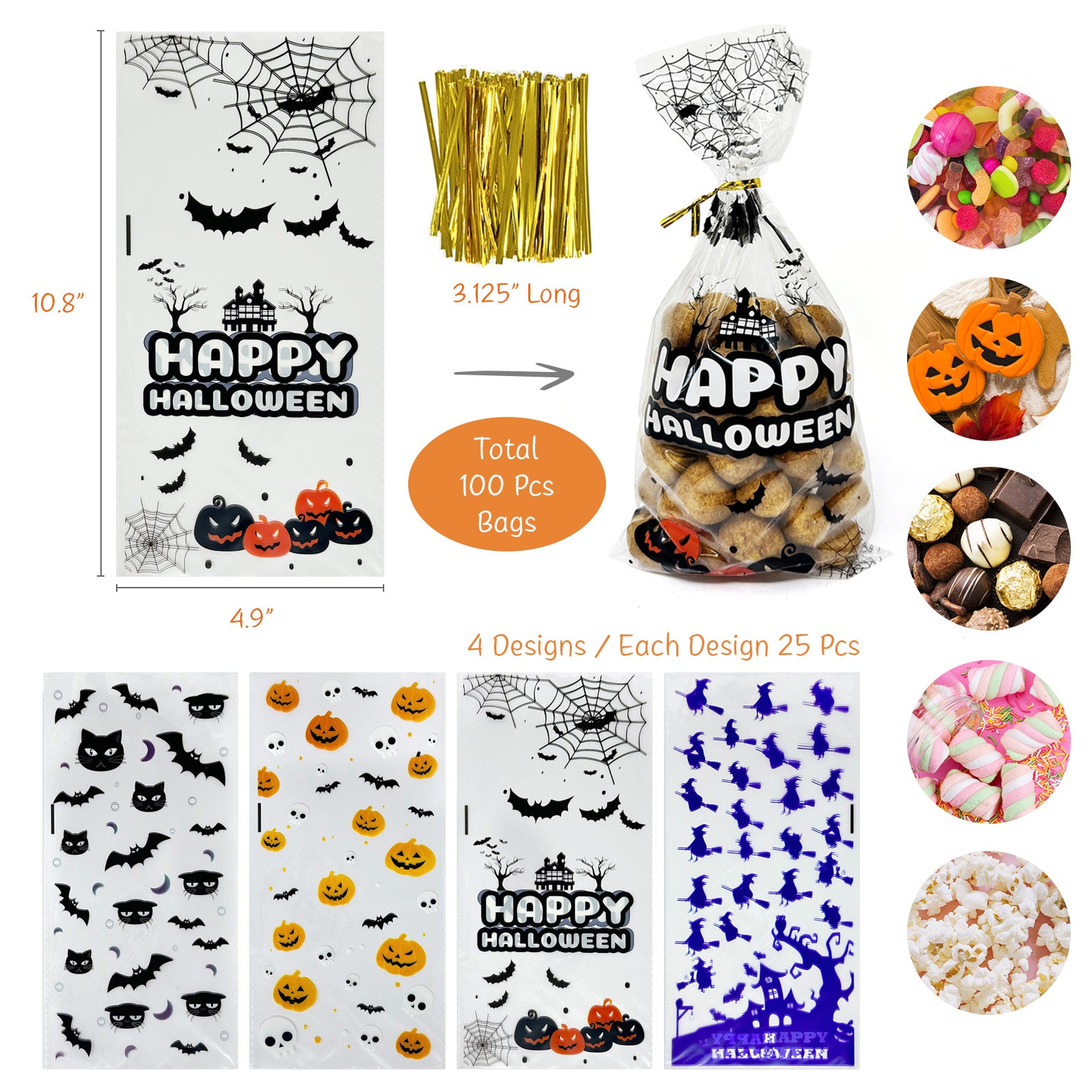 Wrapables 100pcs Halloween Cellophane Treat Bags and Ties