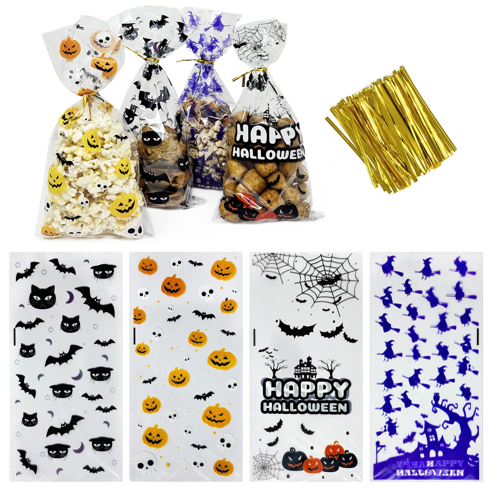 Wrapables 100pcs Halloween Cellophane Treat Bags and Ties