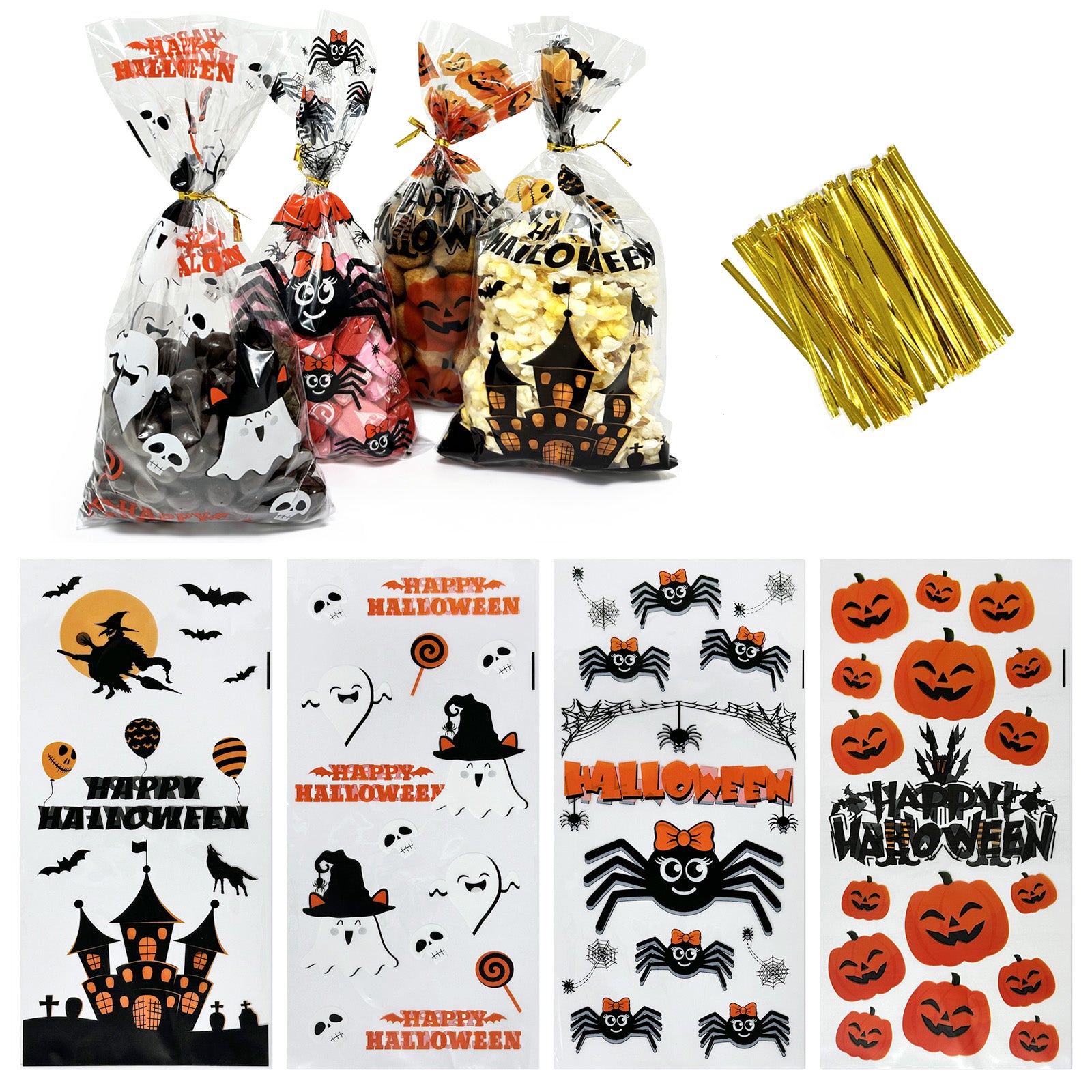 Wrapables 100pcs Halloween Cellophane Treat Bags and Ties