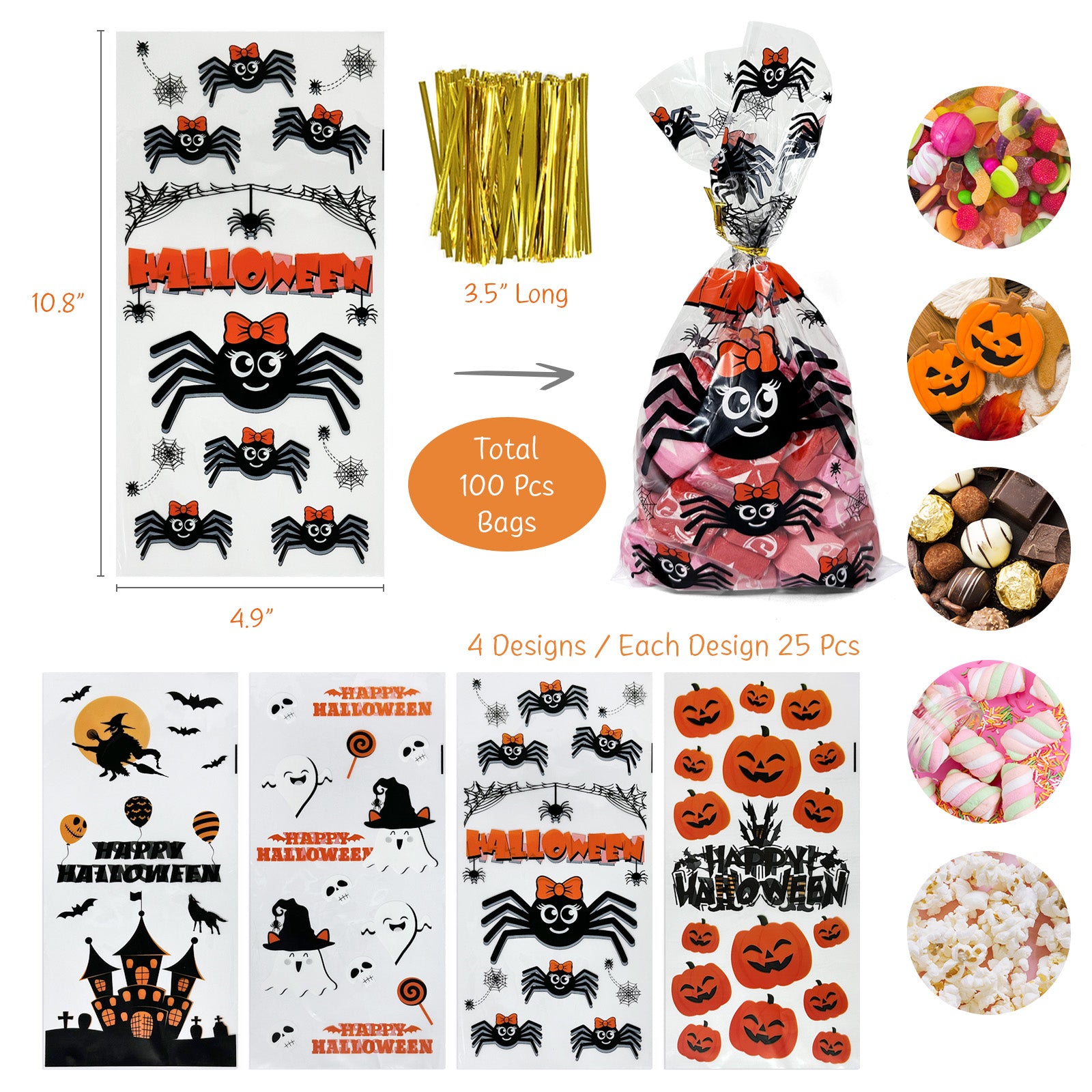 Wrapables 100pcs Halloween Cellophane Treat Bags and Ties