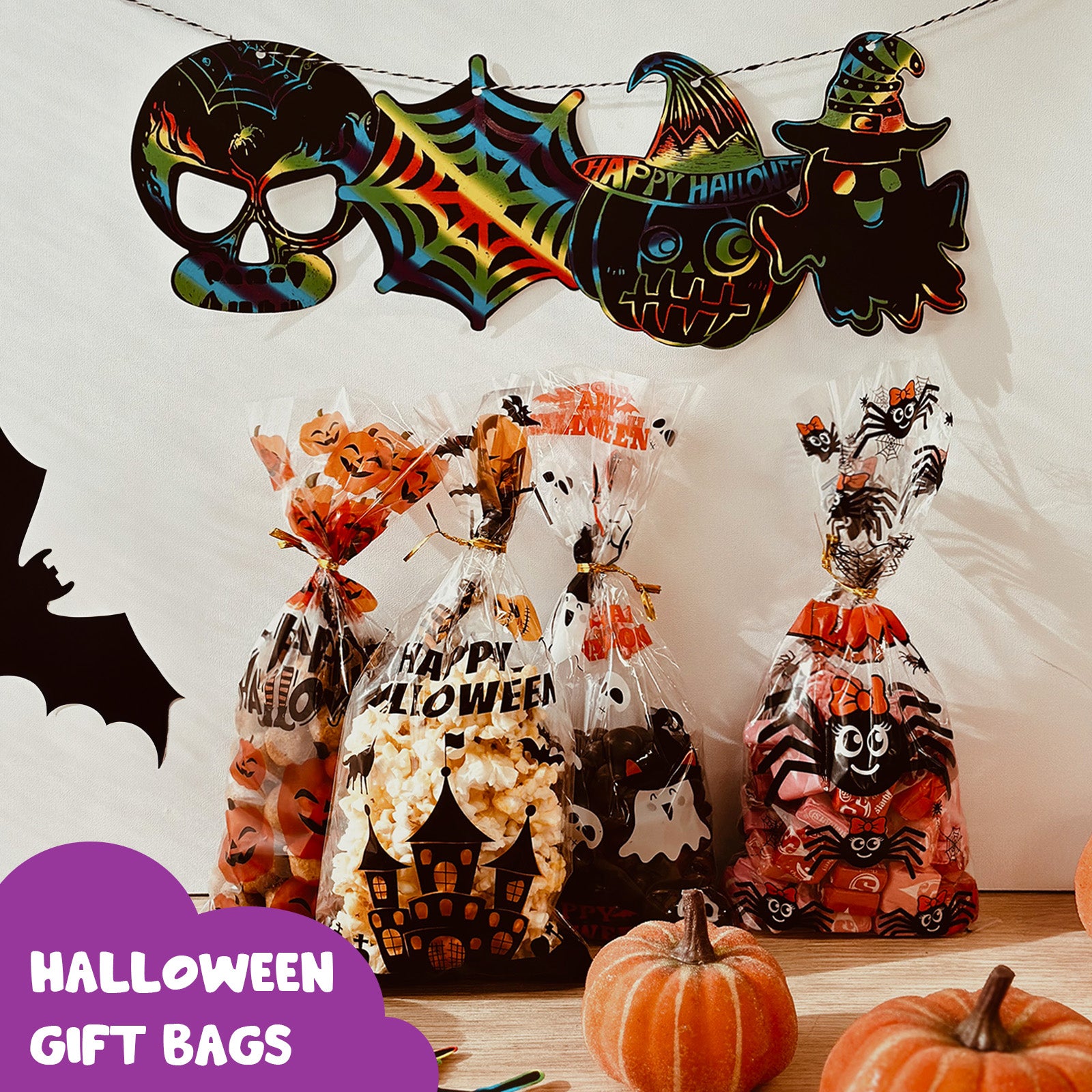 Wrapables 100pcs Halloween Cellophane Treat Bags and Ties