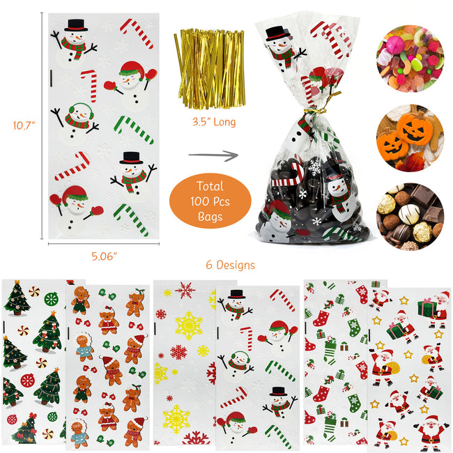 Wrapables 100pcs Christmas Cellophane Treat Bags and Ties