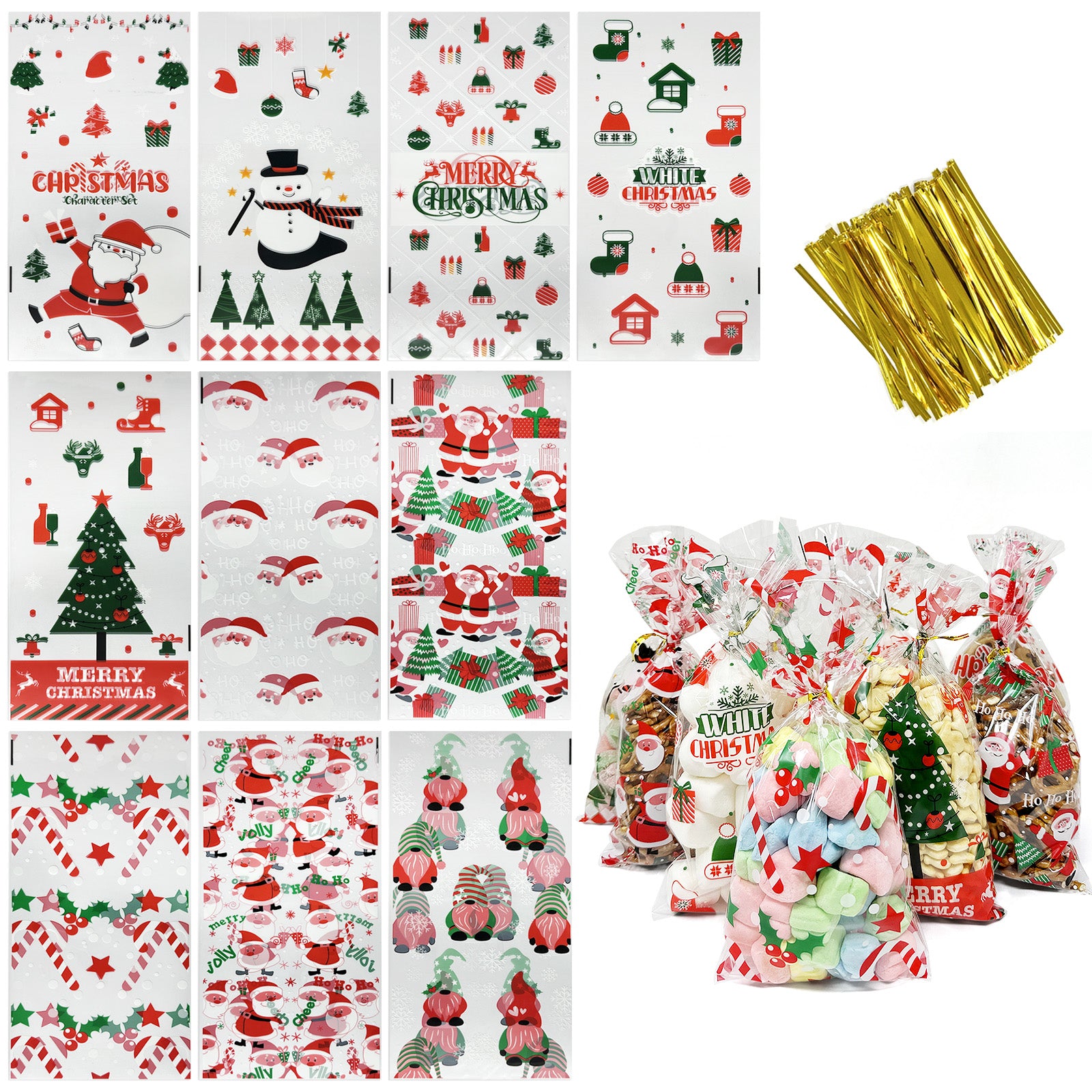 Wrapables 100pcs Christmas Cellophane Treat Bags and Ties