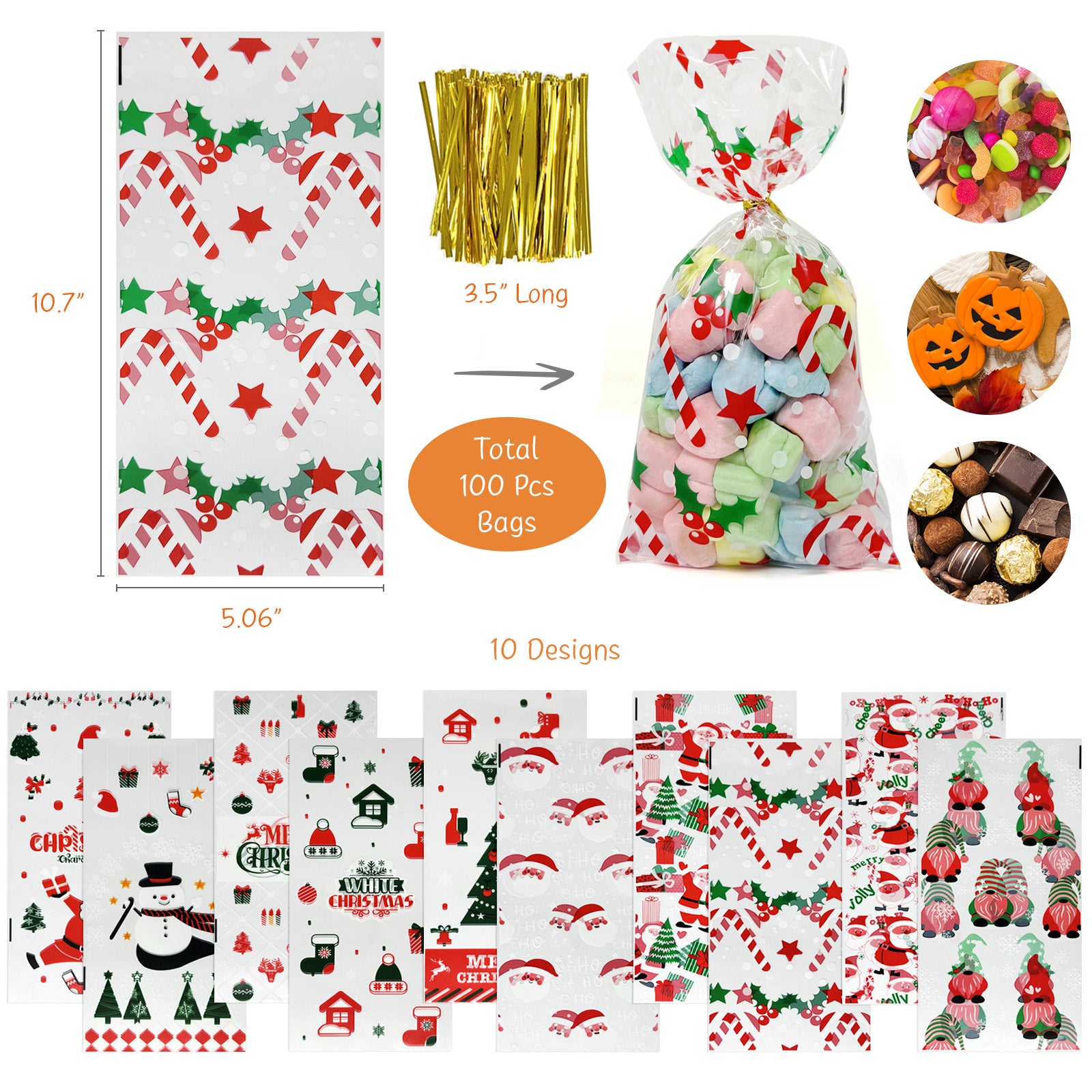 Wrapables 100pcs Christmas Cellophane Treat Bags and Ties