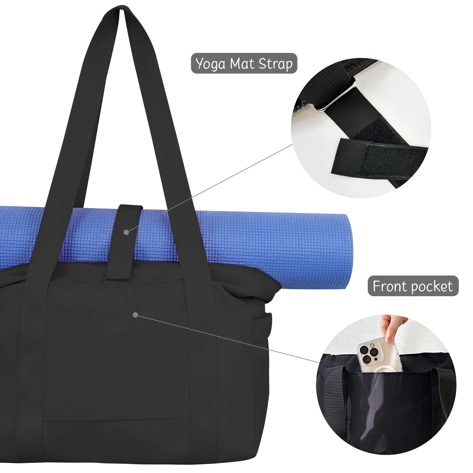 Wrapables Yoga Tote Bag, Gym, Work, Overnight, Travel Bag, Black