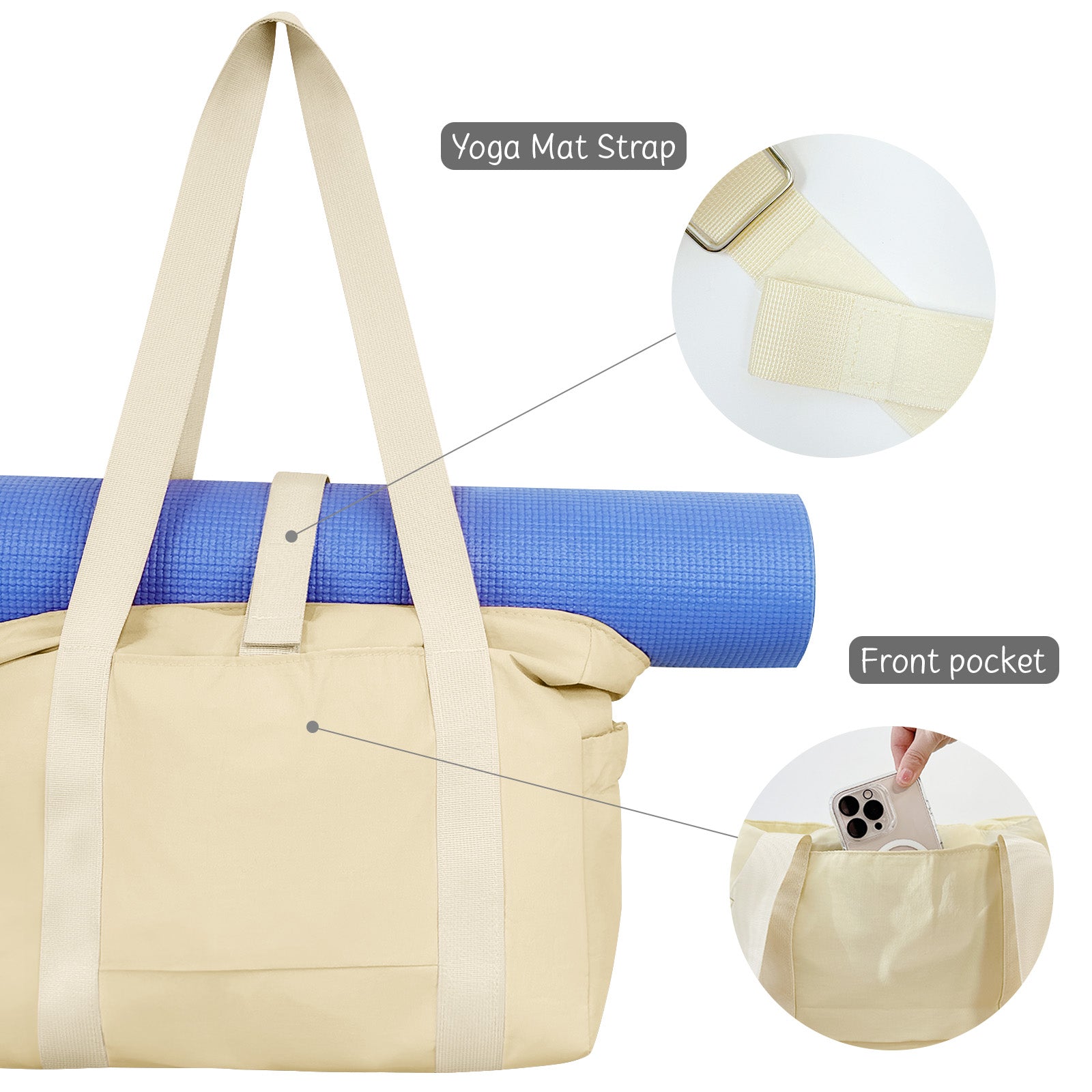 Wrapables Yoga Tote Bag, Gym, Work, Overnight, Travel Bag, Cream