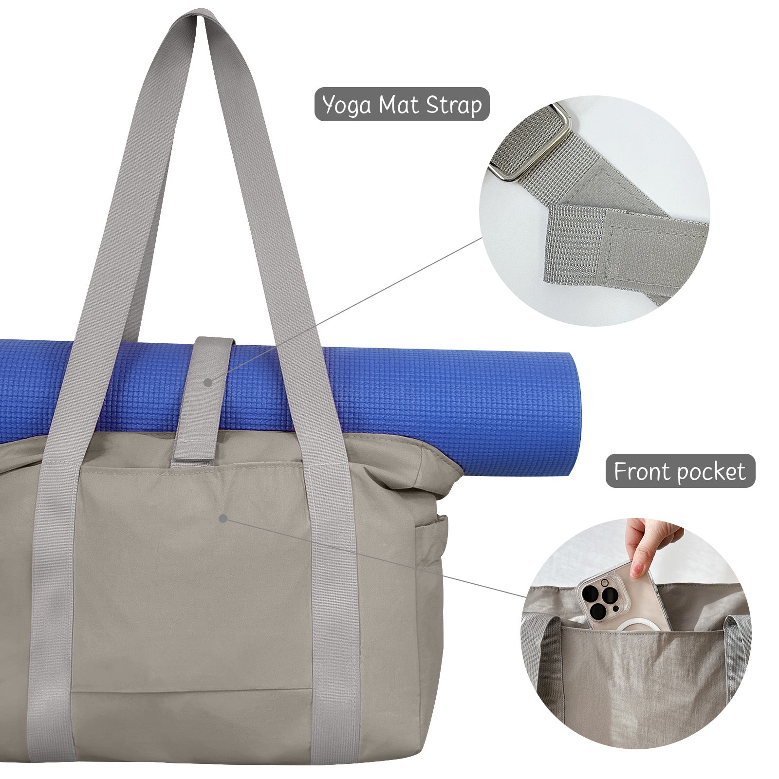 Wrapables Yoga Tote Bag, Gym, Work, Overnight, Travel Bag, Gray