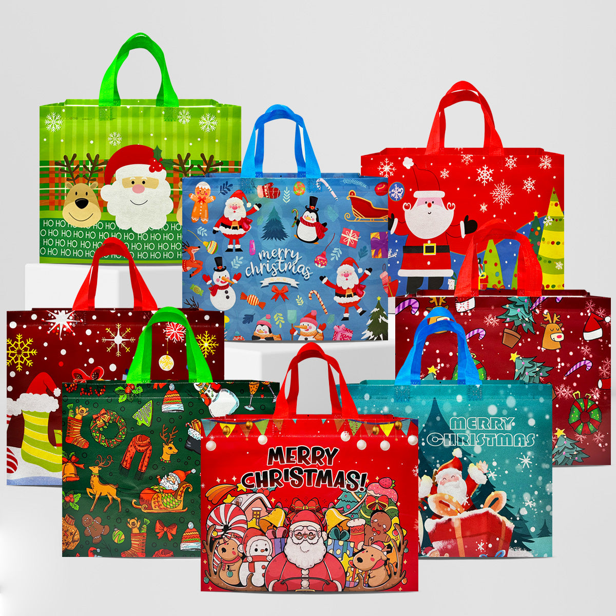 Wrapables Non-Woven Reusable Christmas Holidays Gift Bags with Handles (Set of 8), Festive Joy