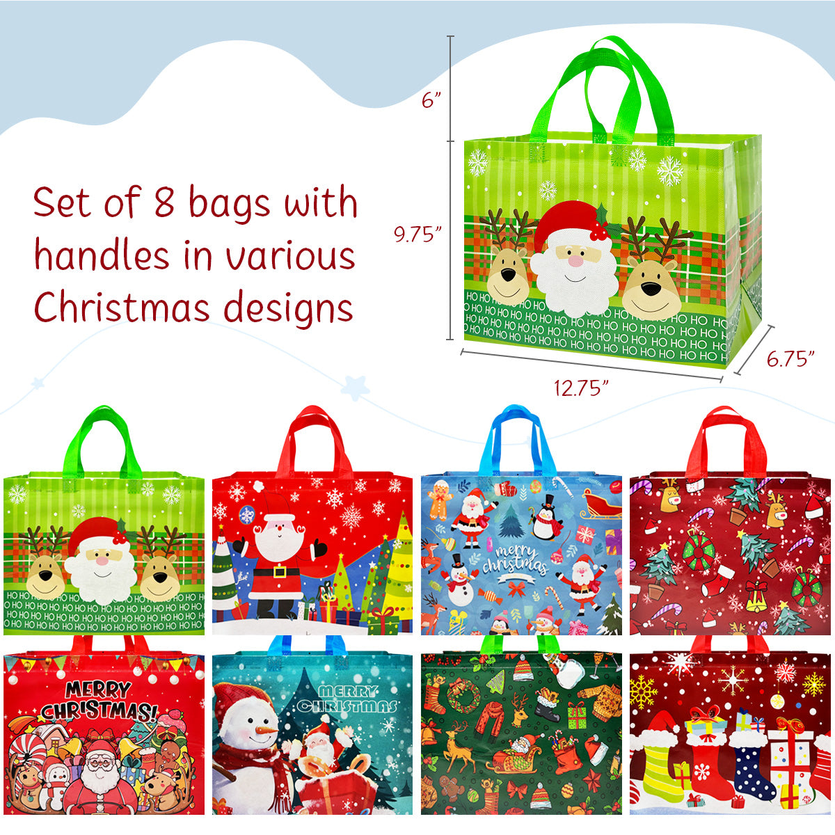 Wrapables Non-Woven Reusable Christmas Holidays Gift Bags with Handles (Set of 8), Festive Joy