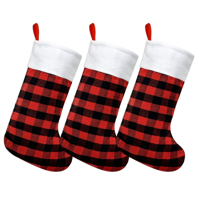 Wrapables Christmas Buffalo Plaid Stockings With Plush White Cuff, Hanging Fireplace Holiday Decoration (Set of 3), Red