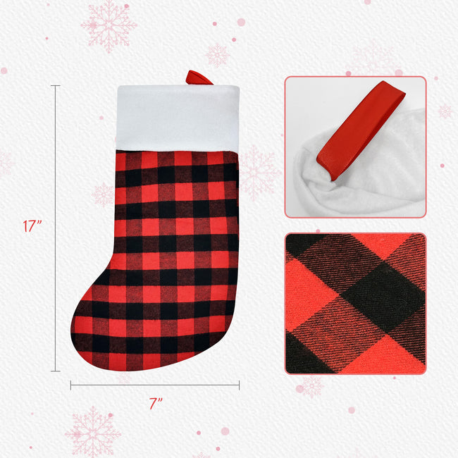 Wrapables Christmas Buffalo Plaid Stockings With Plush White Cuff, Hanging Fireplace Holiday Decoration (Set of 3), Red