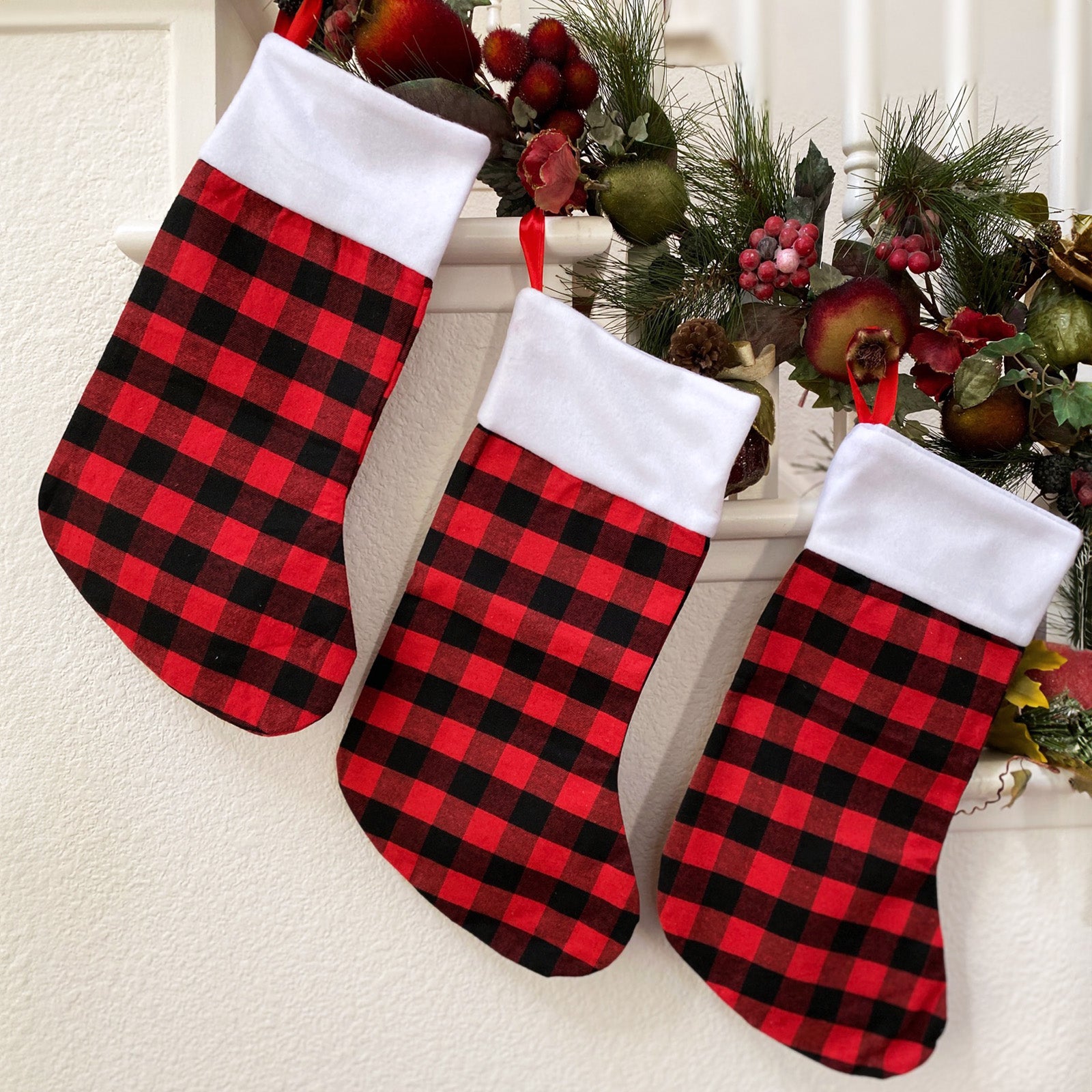 Wrapables Christmas Buffalo Plaid Stockings With Plush White Cuff, Hanging Fireplace Holiday Decoration (Set of 3), Red