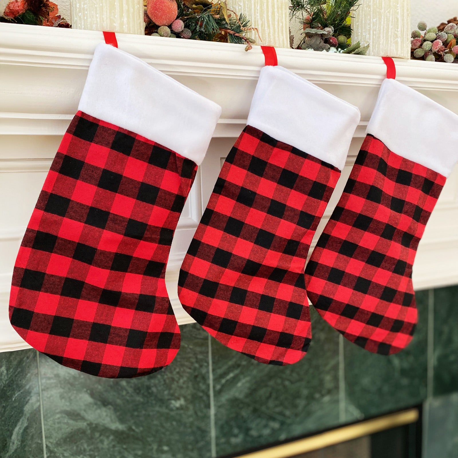 Wrapables Christmas Buffalo Plaid Stockings With Plush White Cuff, Hanging Fireplace Holiday Decoration (Set of 3), Red