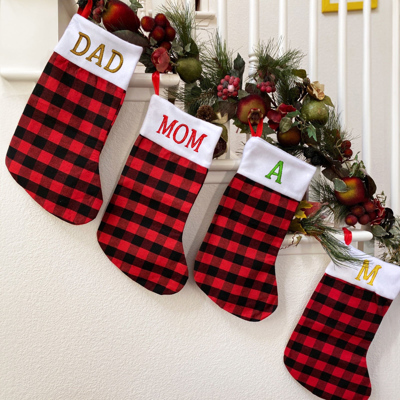 Wrapables Christmas Buffalo Plaid Stockings With Plush White Cuff, Hanging Fireplace Holiday Decoration (Set of 3), Red