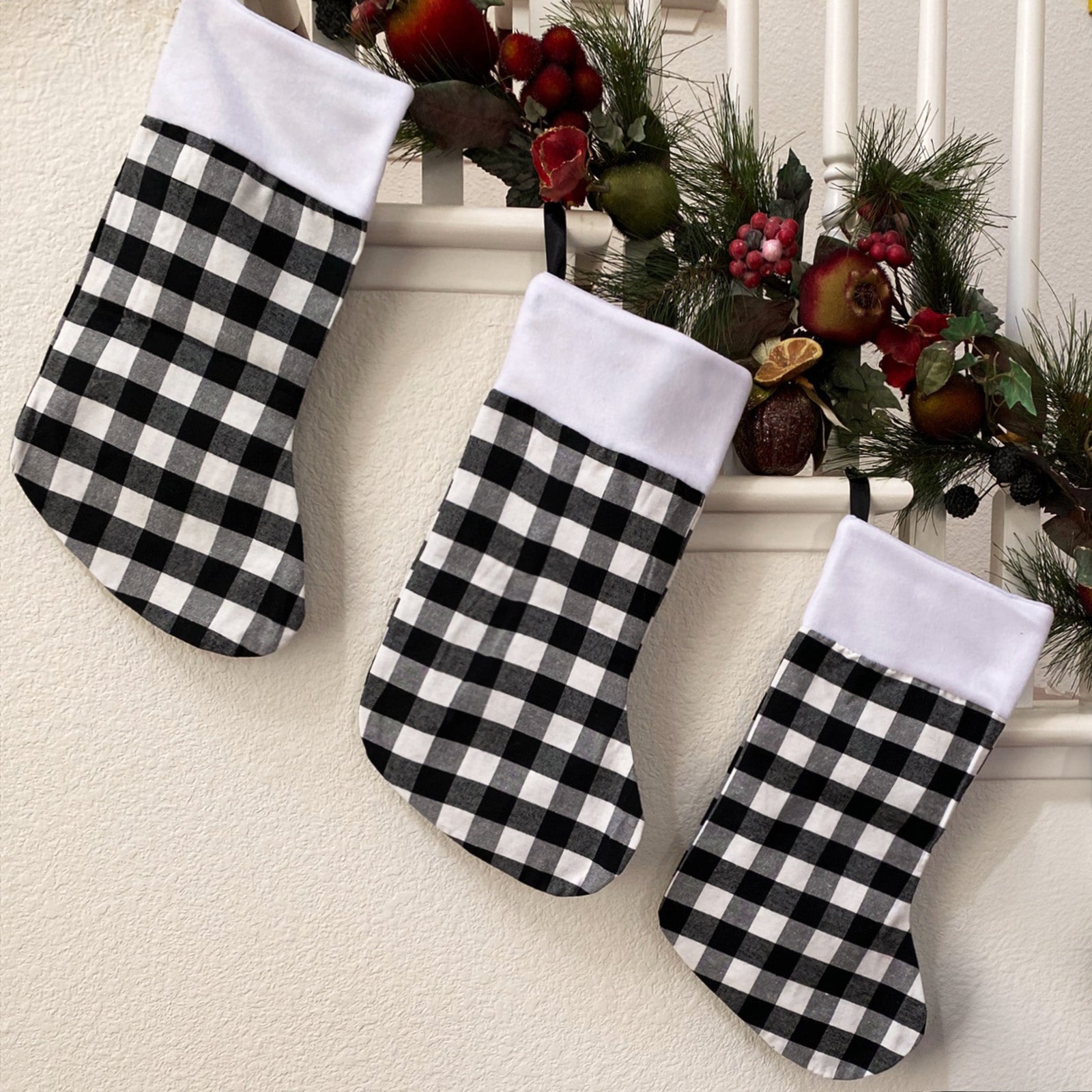 Wrapables Christmas Buffalo Plaid Stockings With Plush White Cuff, Hanging Fireplace Holiday Decoration (Set of 3), Black