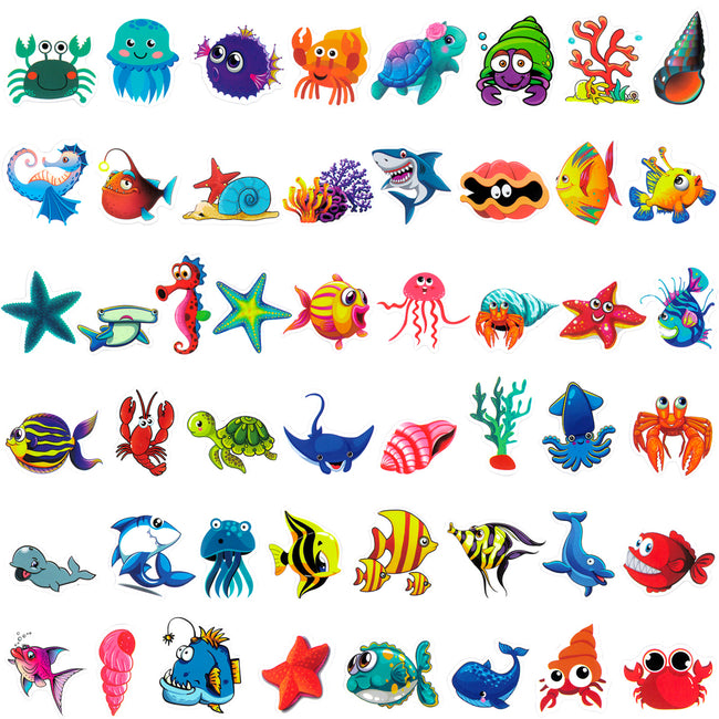 Wrapables Waterproof Vinyl Stickers, 100pcs, Marine Animals