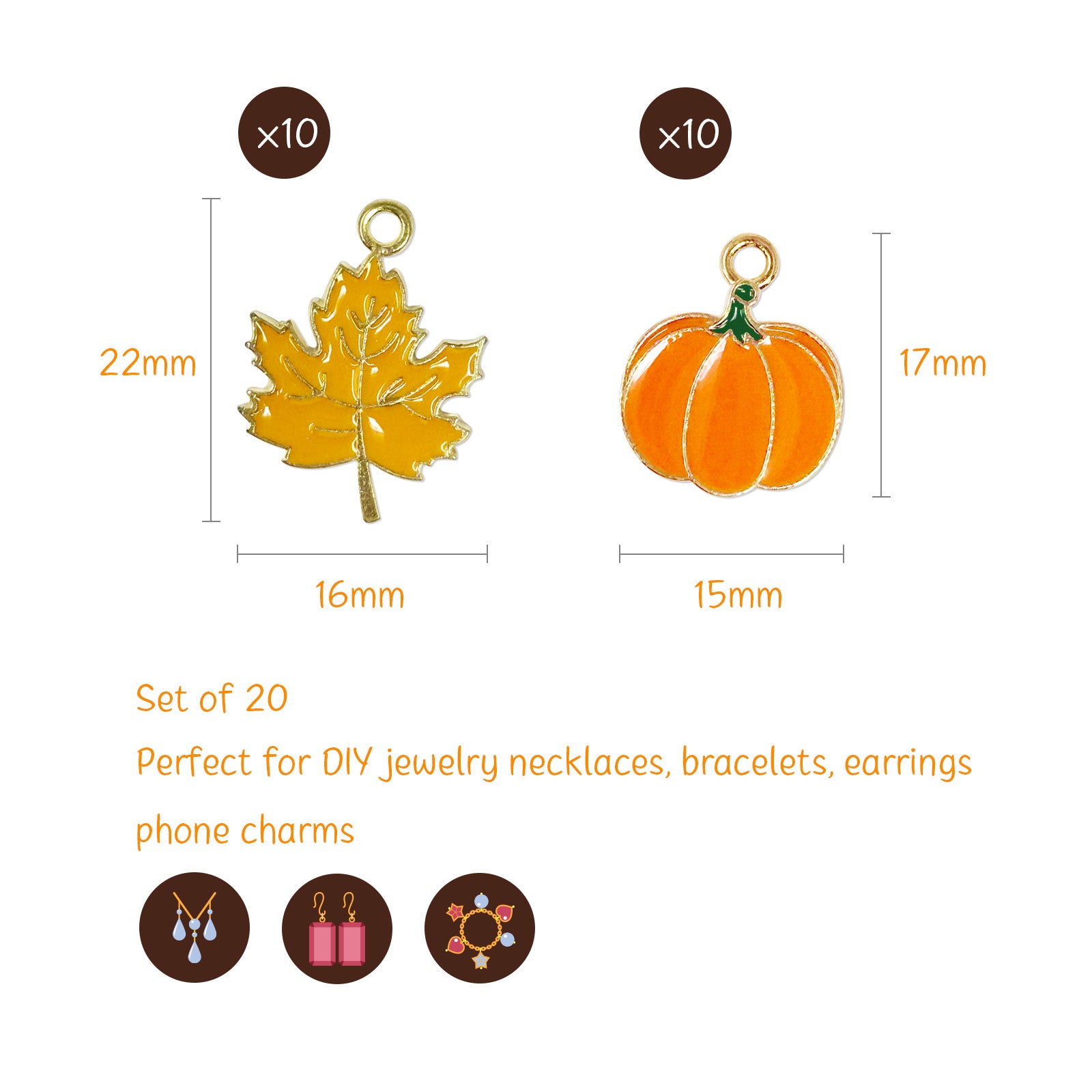 Wrapables  Autumn Pendant Charms for Jewelry Making, (Set of 20), Maple Leaf & Pumpkin