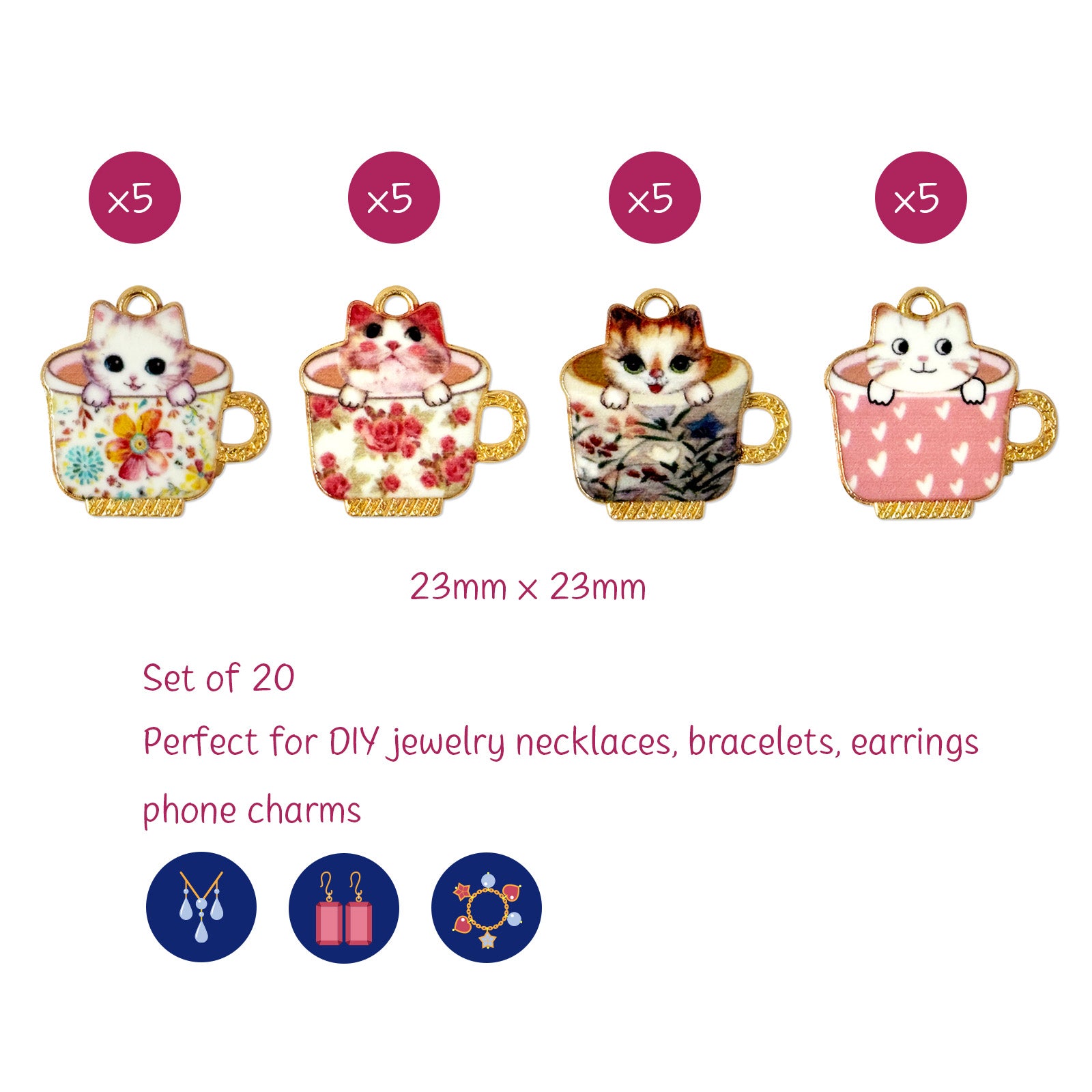 Wrapables Nature Charms for Jewelry Making Enamel Pendants, (Set of 20) Cats in a Cup