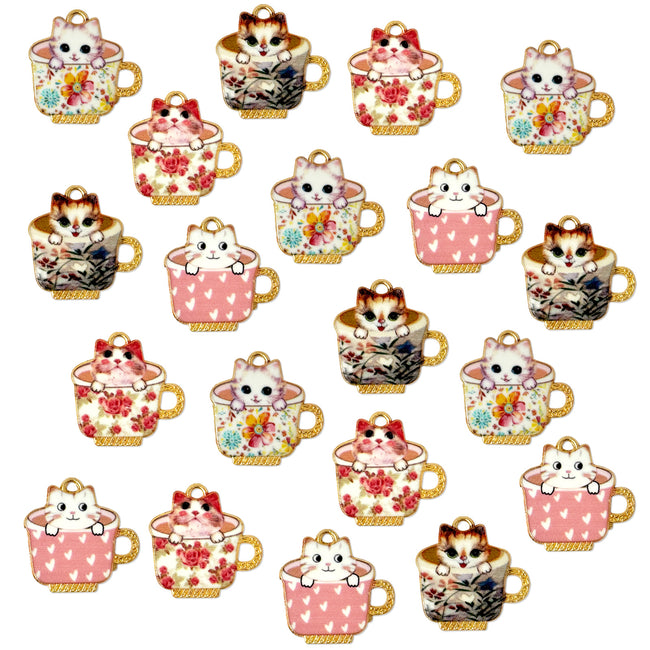 Wrapables Nature Charms for Jewelry Making Enamel Pendants, (Set of 20) Cats in a Cup